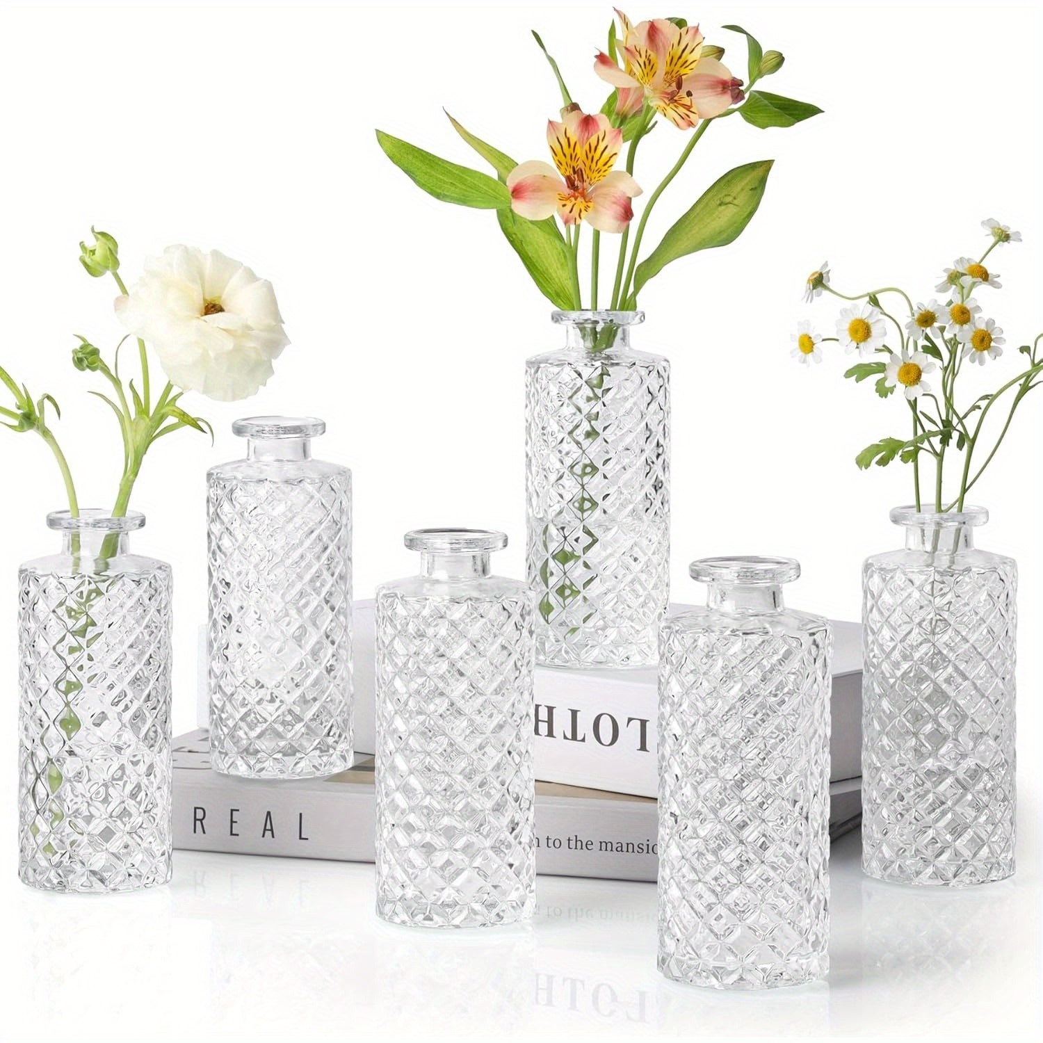 juego de 6 jarrones de cristal para capullos,   pequeño de diamante para capullos al por mayor, mini jarrones para flores para   de mesa, botella vintage para decoraciones de mesa, decoración de boda, recepción, hogar, (transparente)