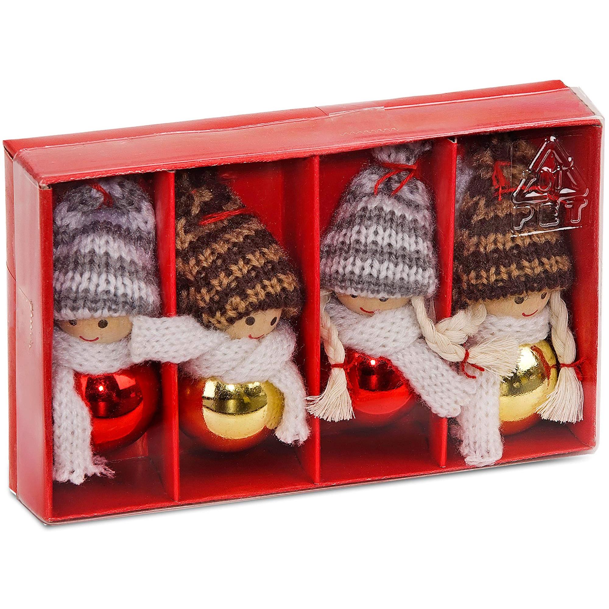 Image of Brubaker 4-piece Set Of Wooden And Knitted Christmas - Tree Ornaments Christmas Pendants - 8 Cm In Red Gift Box