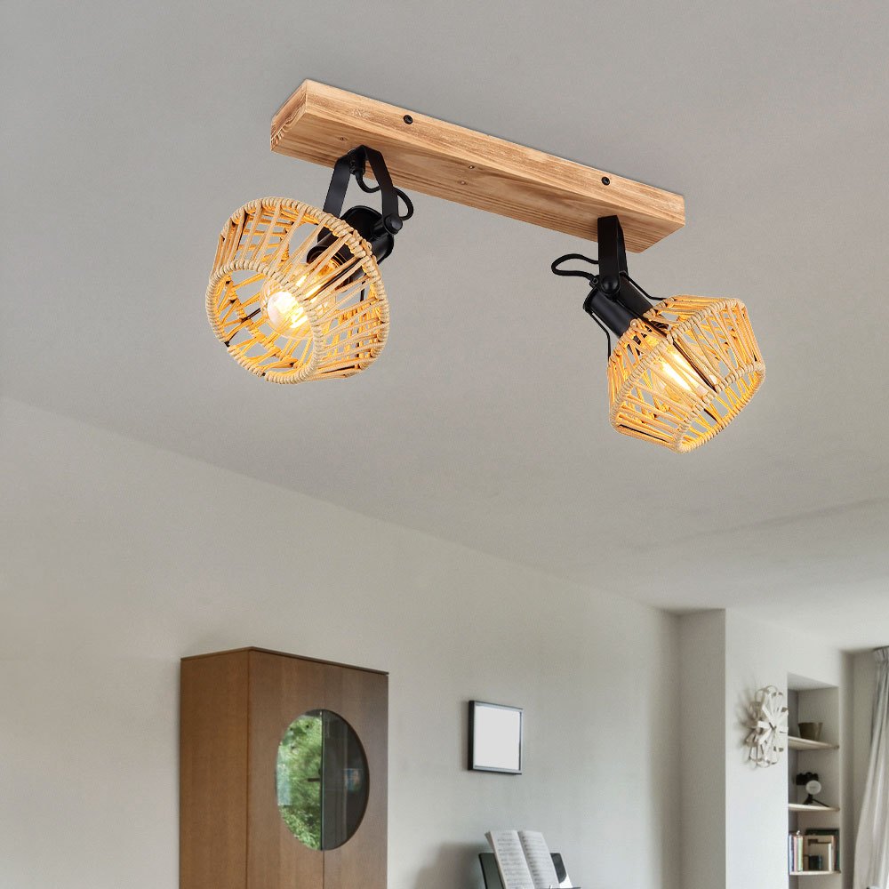 Ceiling Lamp Ceiling Light Living Room Light Hemp Rope Wood Optic Adjustable, Metal Black, 2 Flame-shaped E27, Lxbxh 38x16x25 Cm