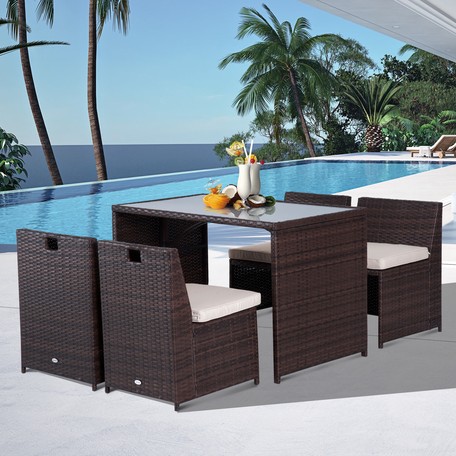5pcs Polyrattan Garden Furniture Set, Weather-resistant Balcony Furniture For , Patio Furniture With Table, 4 Chairs, Cushions, Lounge Set Dining Group Seating Group For Balcony, Garden, Brown+khaki