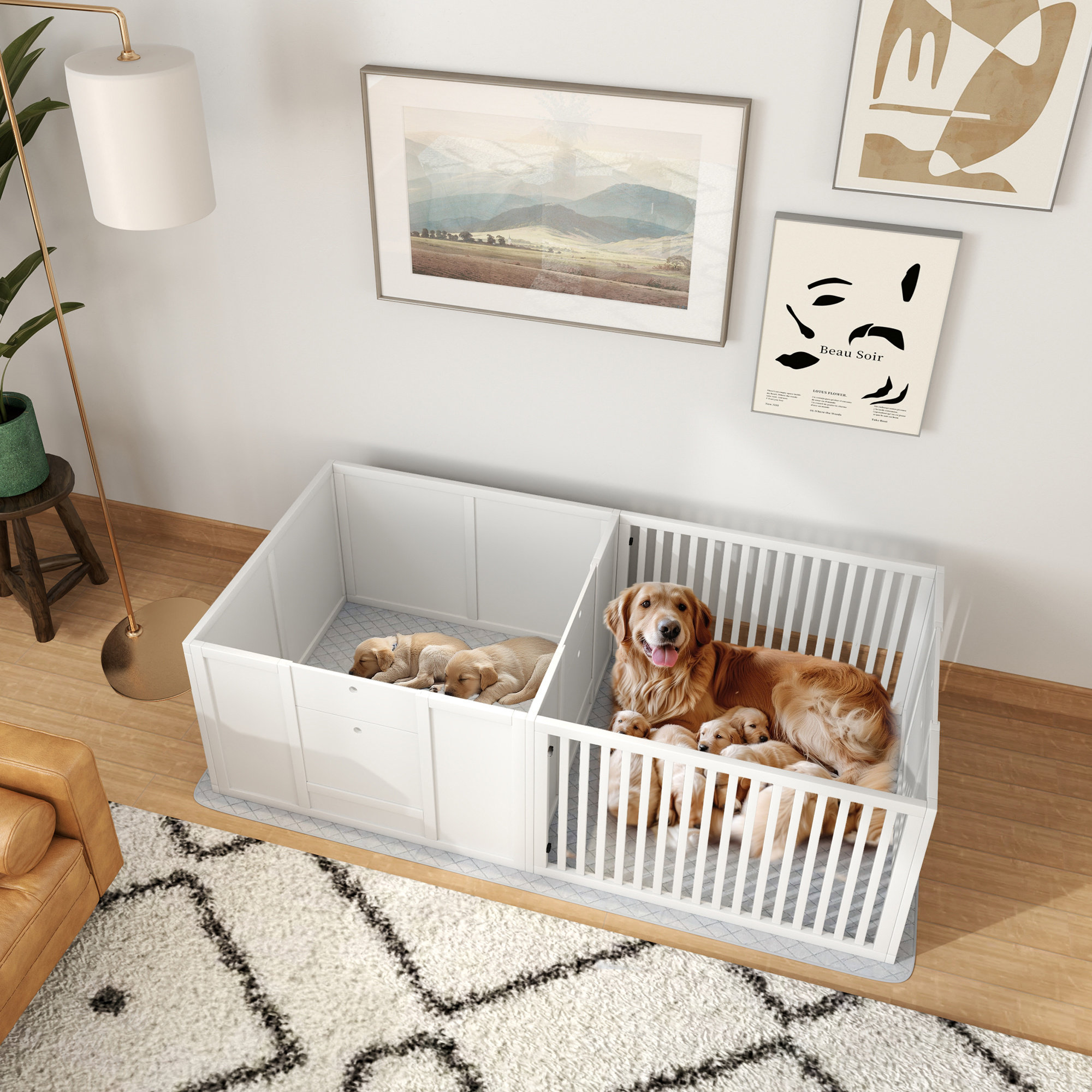 Litter Box For Puppies, Puppy Run Box With Door, Waterproof Floor Mat, For Small To Large Dogs, 166x80x50 Cm, White