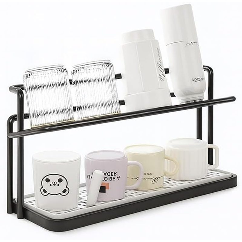TEMU 2-tier Bottle Drying Rack & Cup Storage Stand – Black Steel Mug Holder With Removable Drip Tray – Space-saving Kitchen Counter Organiser For