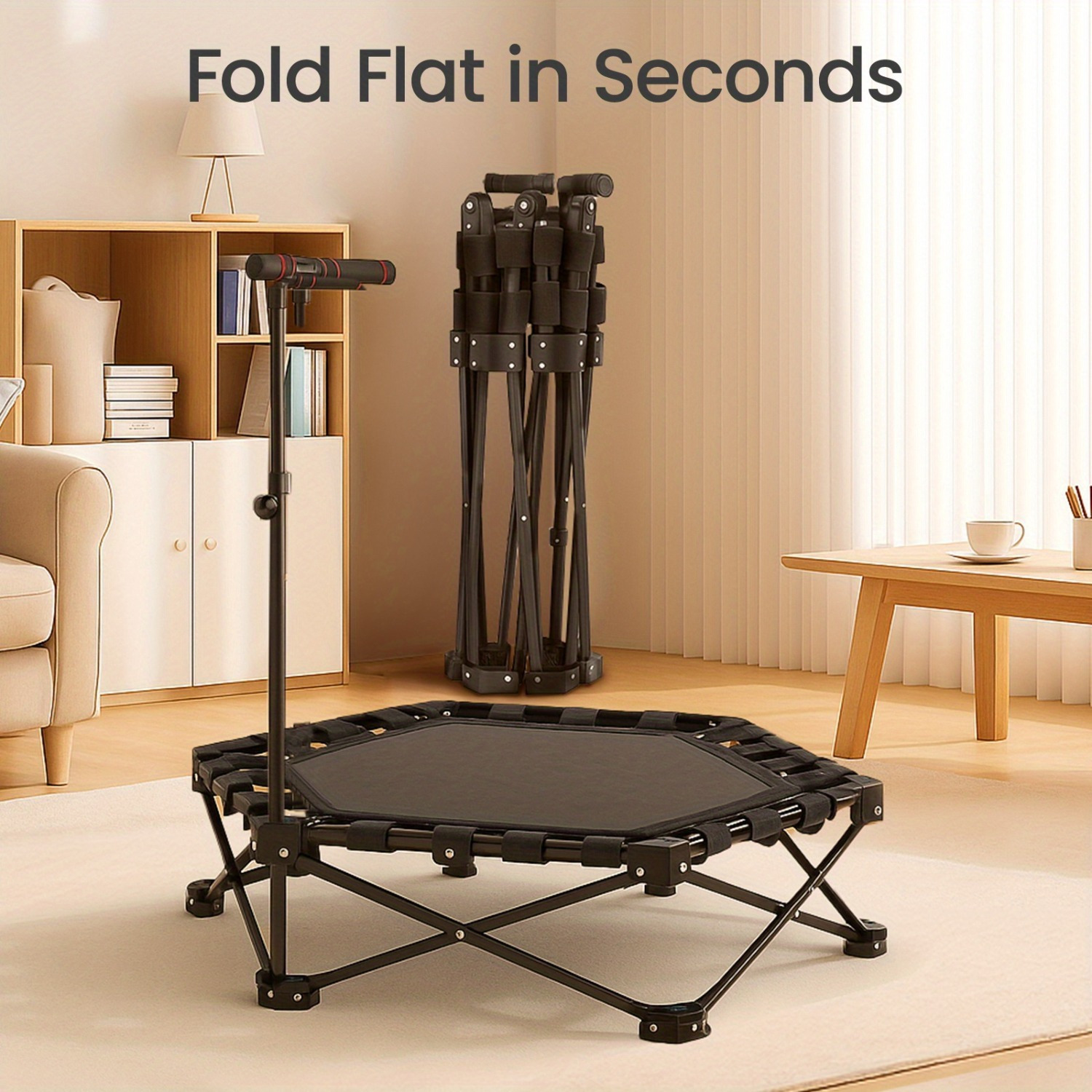 Image of Foldable Fitness Trampoline 200 Kg Capacity, Portable Hexagon Rebounder With Quiet Bungee System, Indoor & Outdoor Exercise Equipment For Cardio, Balance & Fitness