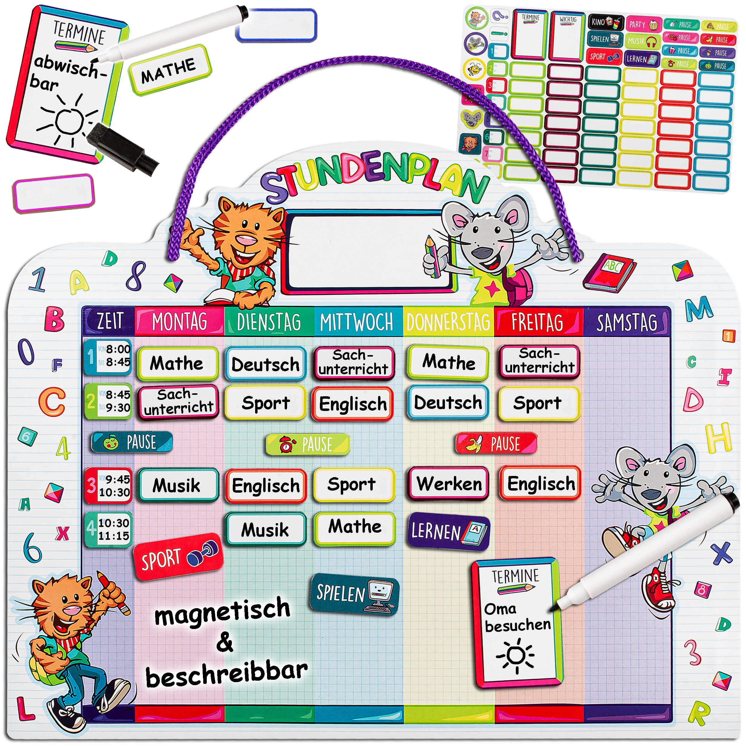 - Magnetic + Erasable - - Weekly Planner / Memo Board - Funny Cat & Mouse - With Marker Pen - . 75pcs Of Magnetic Stickers For...