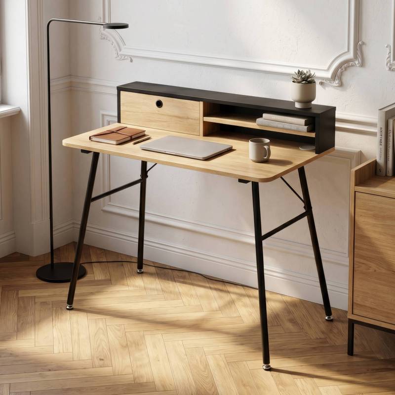 Var Desk With 2 Compartments And 1 Drawer, 90 X 50 Cm, Metal Frame, Black/oak Finish