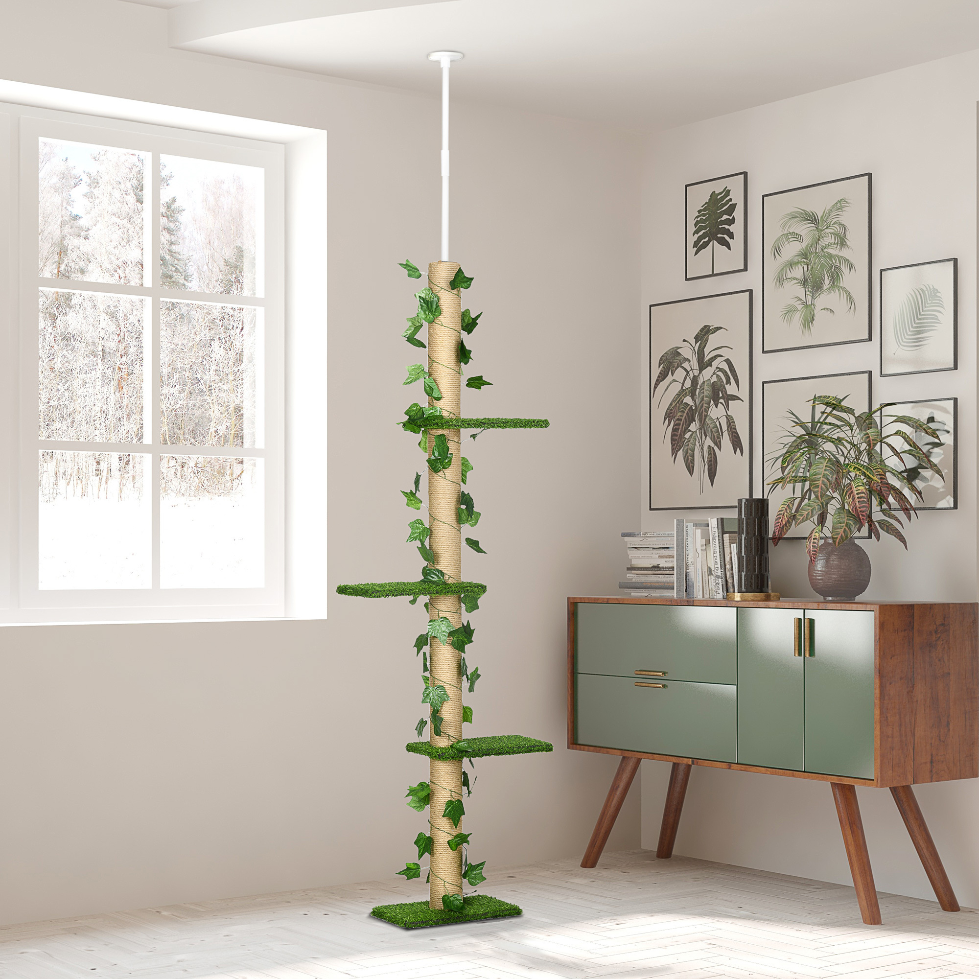 Scratching Tree Ceiling High 202-242 Cm Height Adjustable Cat Tower With , 2 Caves, 4 Platforms, Jute Column Cat Scratching Tree For Medium-sized Cats, Green+yellow