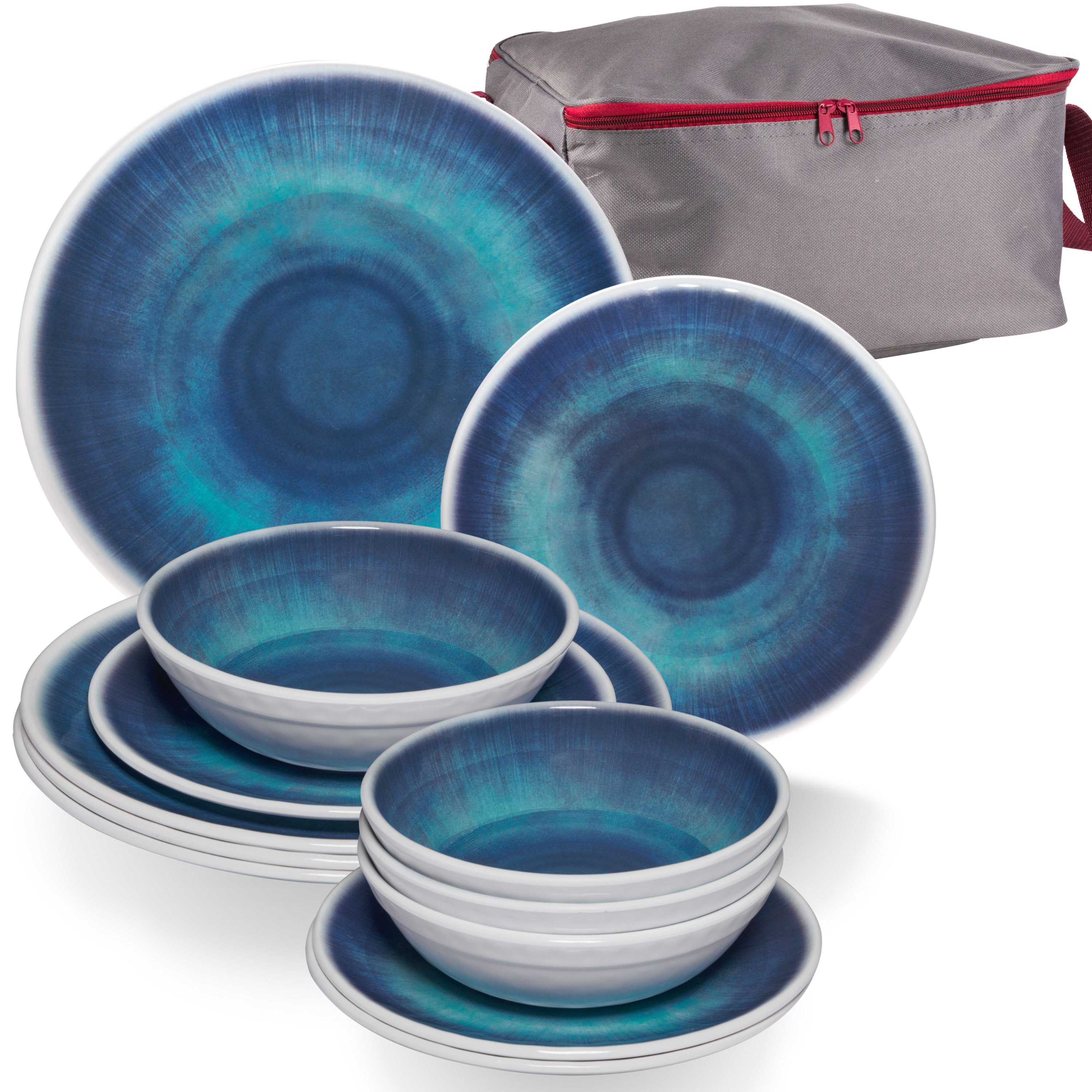 Melamine Dish Set Blue For - 13pcs - With Storage Bag Stoneware Look Dishwasher Safe - Tableware Camping Accessories Camping Dishware Camping