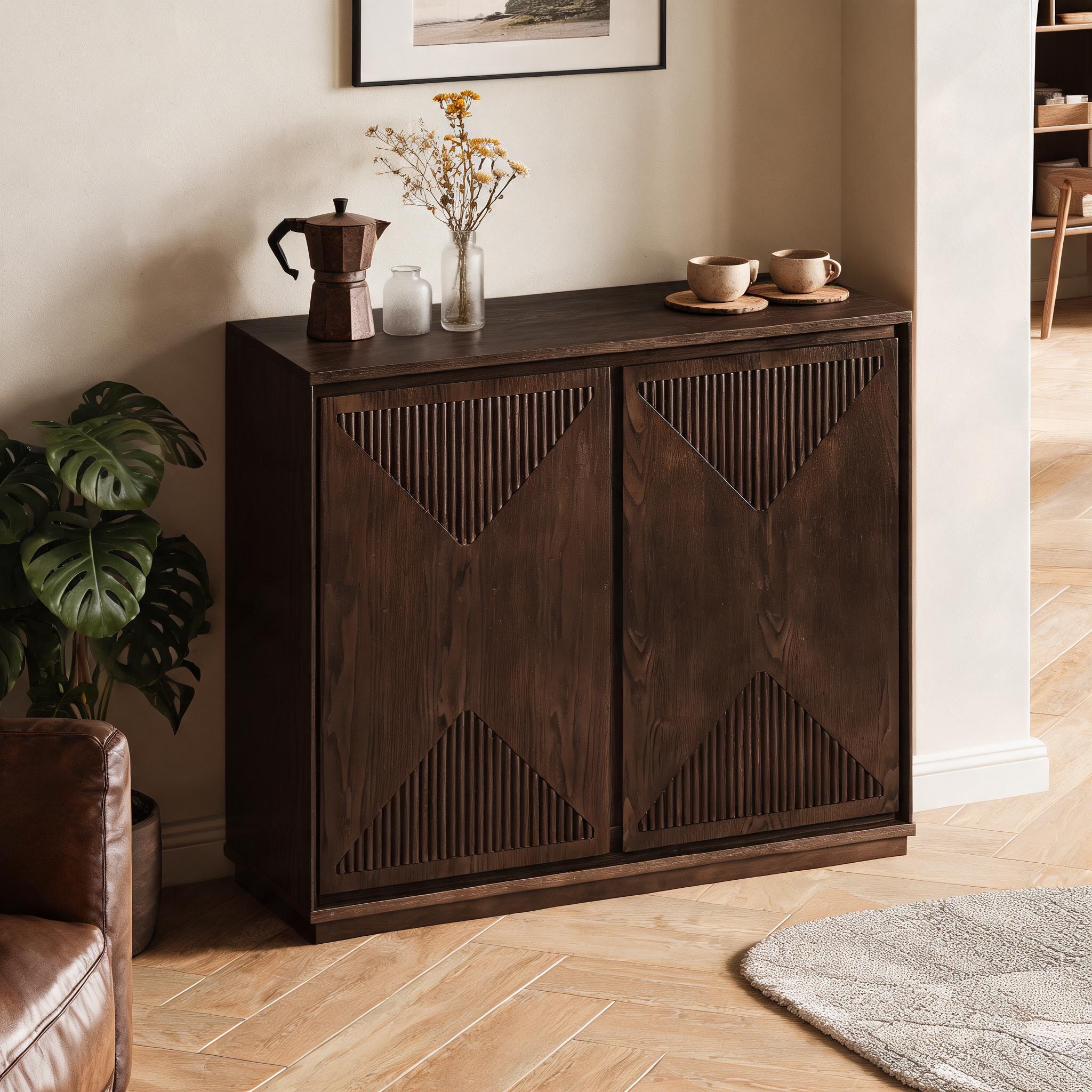 Image of Mid-century Modern Sideboard In Dark Walnut Wood, V-shaped Storage Cabinet With Storage Space, Narrow Side Cabinet For Living Room, Hallway, Kitchen, And Coffee Bar