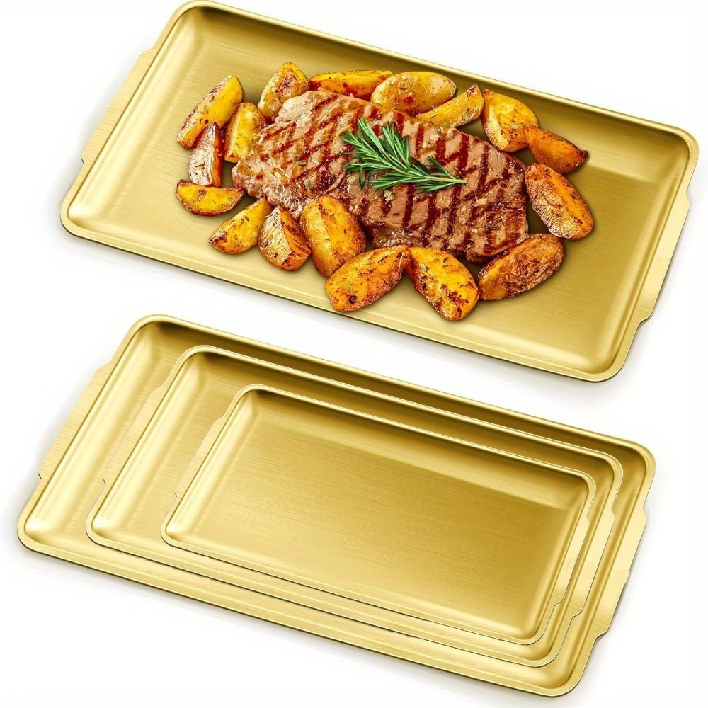 TEMU 3pcs Stainless Steel Golden Platter , Rectangle Golden Serving Platter With Handle, Decorative Coffee Table Plate, Ottoman Dish For Party Food