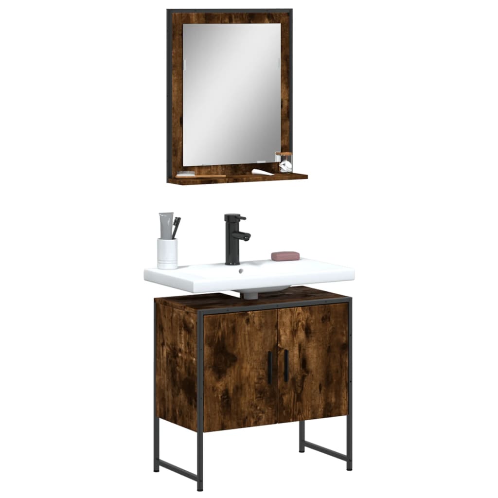 Image of Vidaxl Bathroom Furniture Set 2-pc., Bathroom Furniture With Lots Of Storage Space, Vanity Unit With Bathroom Mirror, Bathroom Cabinet Under-sink Cabinet Mirror Bathroom, Smoked Oak Wood Material