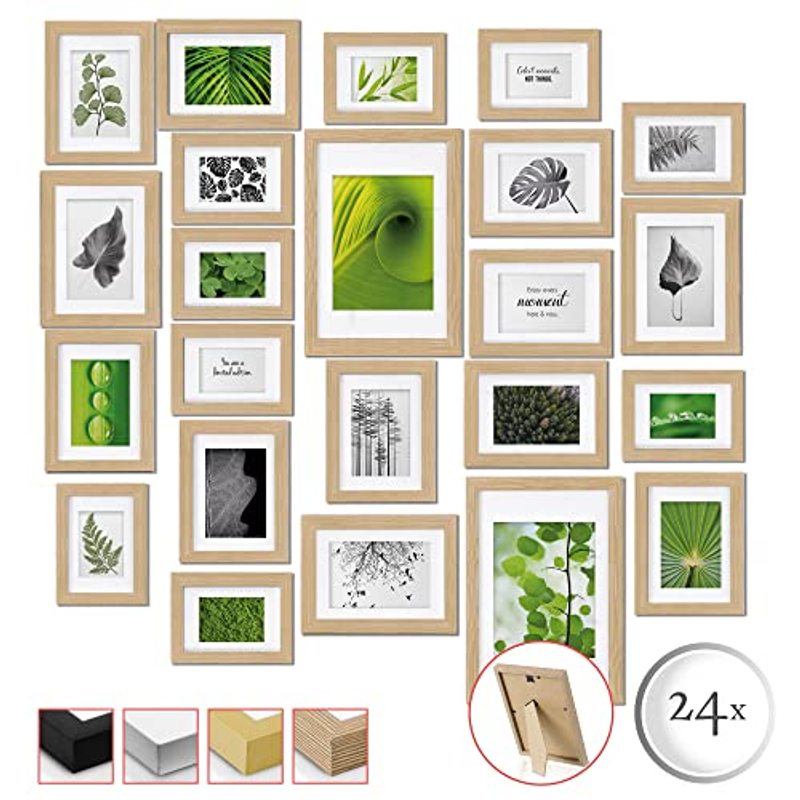Image of Bomoe 24-piece Picture Frame Set Nature – 10x10x15 Cm, 8x13x18 Cm, 4x15x20 Cm, 2x20x30 Cm Photo Frames Collage Picture Frames With Mat – Wood & Plastic Photo Wall Frames In Oak