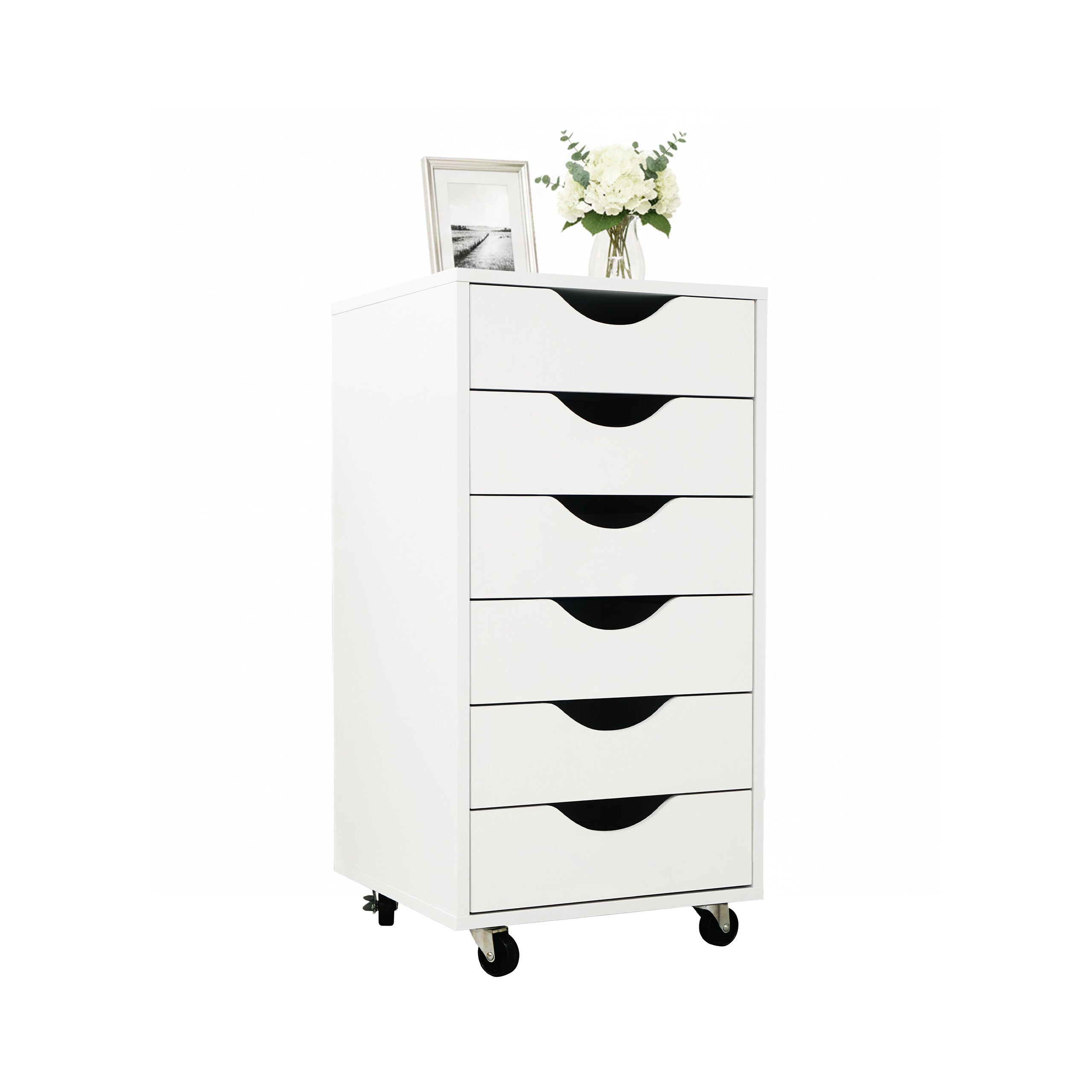 TEMU Caisson à roulettes, 6 tiroirs, 78 x 40 x 40 cm, MDF et PP, blanc, 4 roulettes, 2 freins de blocage, charge de 60 kg, pour bureau, espace de