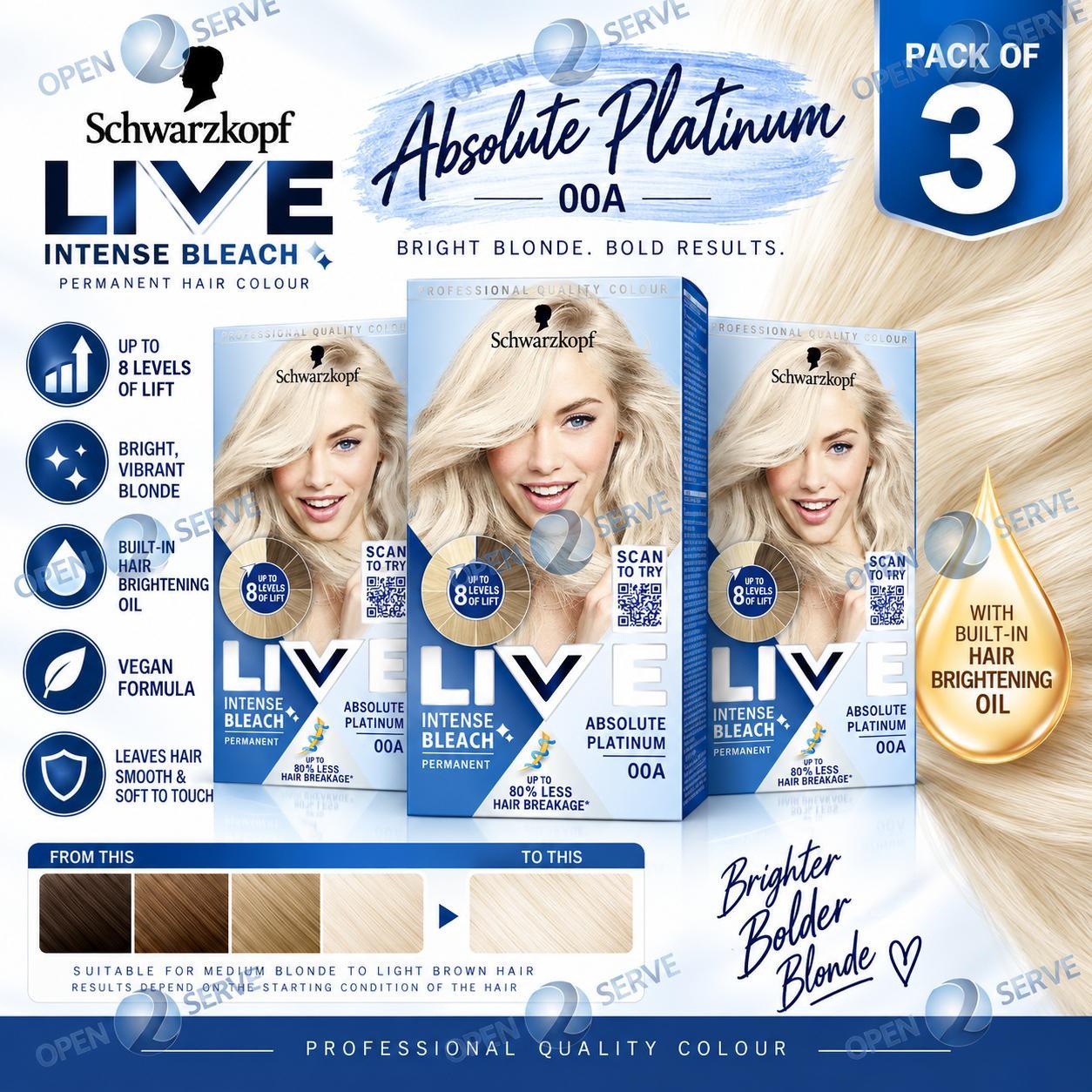 TEMU 3 Pack - Schwarzkopf Live 00a Platinum Hair Bleach Lightener