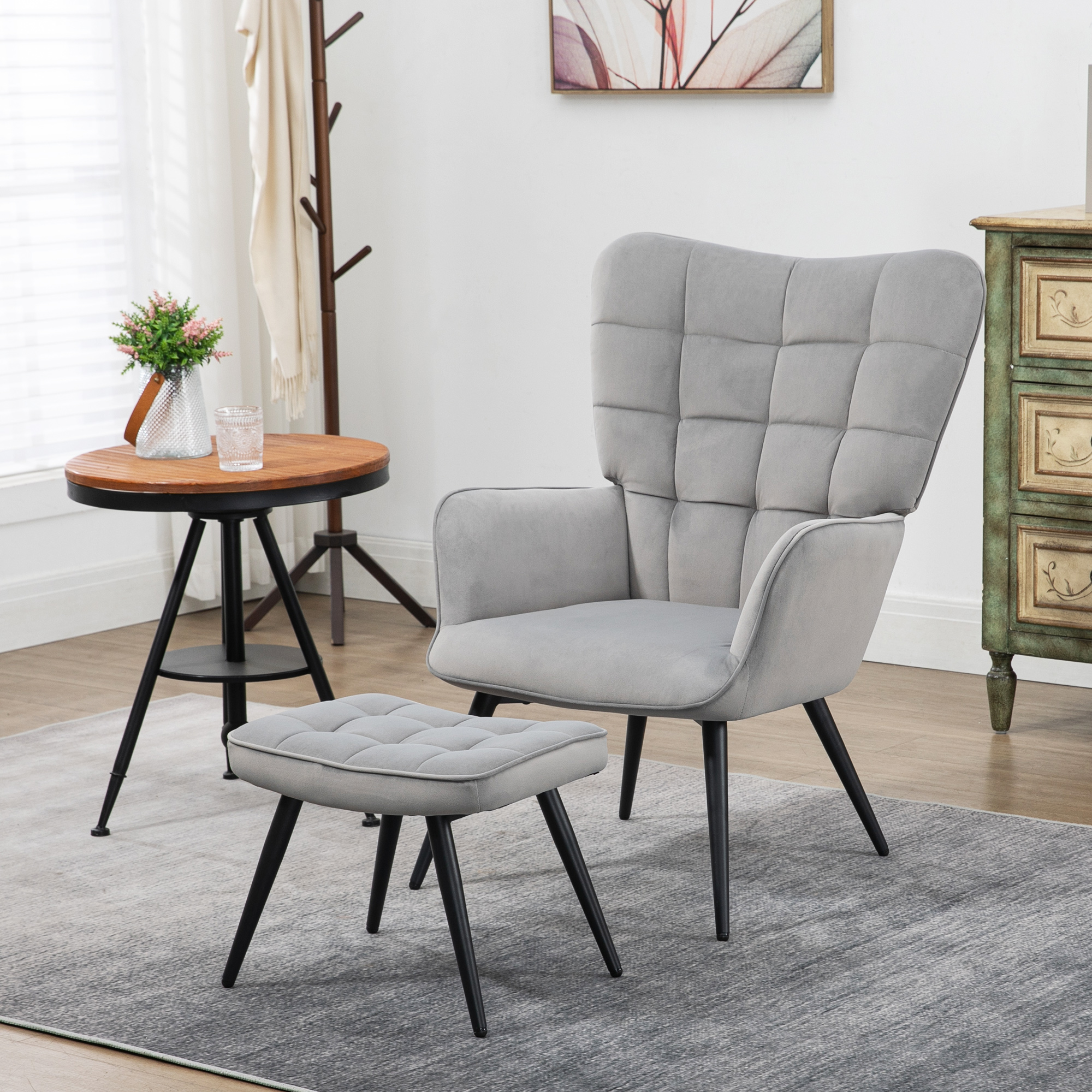 Armchair With Stool, Lounge Chair, Relax Chair, Upholstered Chair With Velvet Look, Tv Chair, Dining Chair Up To 120 Kg, For Living Room, Light Gray