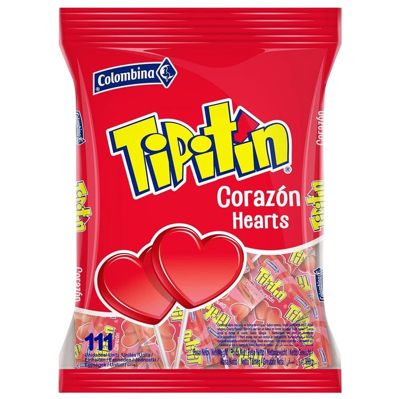 TEMU Piruletas Corazón Tipitin Sabor Cereza | Bolsa de 111 Unidades | Caramelo Duro con Palo Sin Gluten ni Al?rgenos | Ideal para San Valentin y