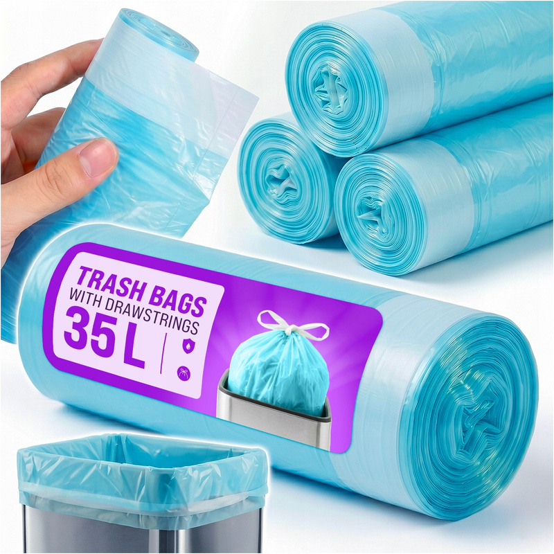 TEMU Trash Bags 35l 100pcs With Blue Strapping Tape, Set Of 10 Rolls Of Strong Ldpe Film Bags Resistant To Cracking And Scratching, Elastic Mixed