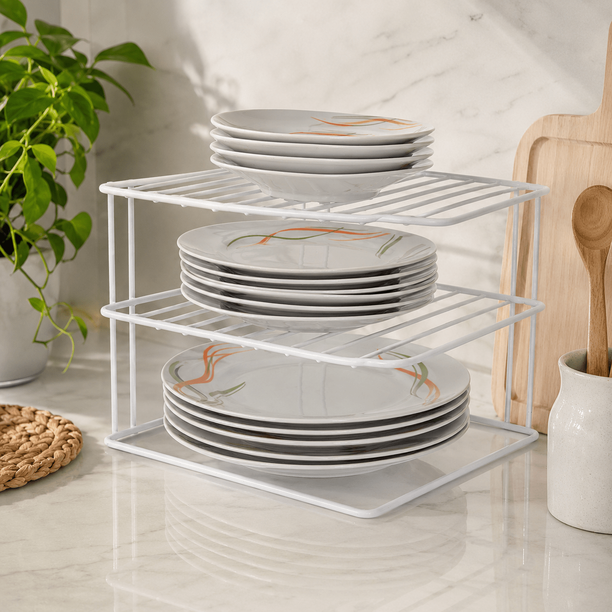TEMU White 3 Tier Corner Plate Rack, Kitchen Dish And Bowl Organiser For Cupboards, Countertops And Corner Storage, 25.5 X 25.5 X 19cm