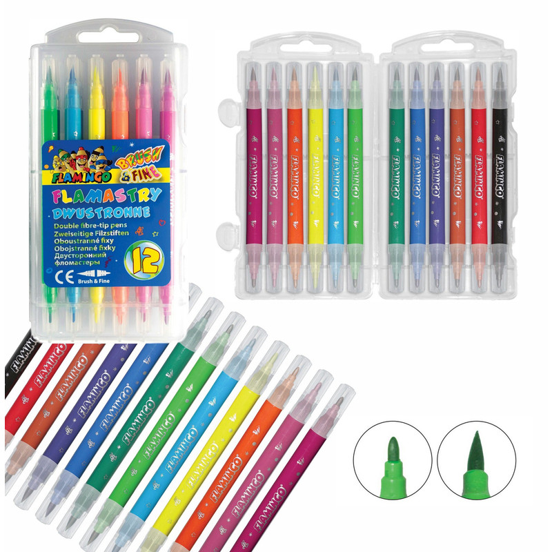 Double-sided Markers, 12-piece Set With Brush And Fine Tip, Flamingo