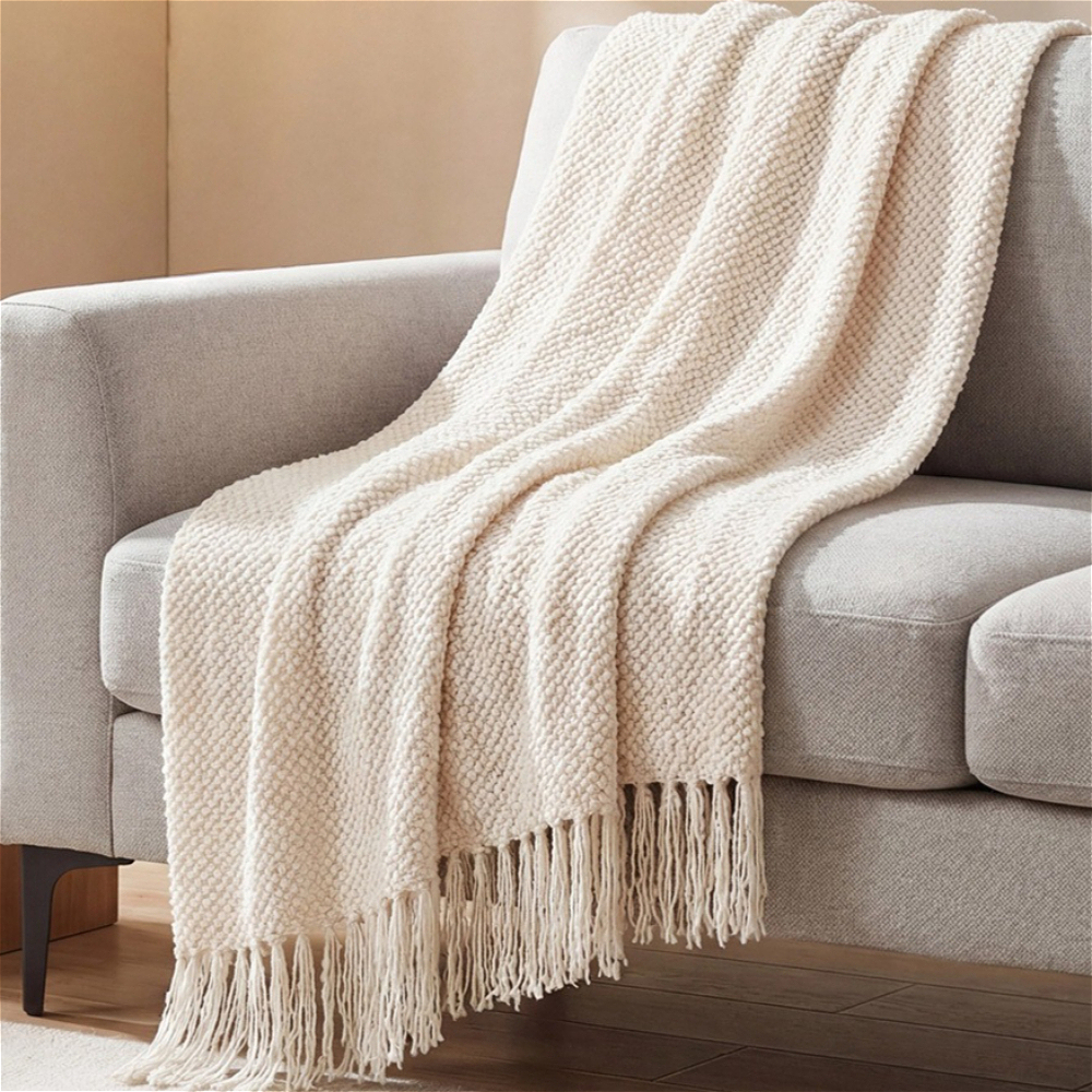 TEMU 1pc Nordic Solid Color Corn Pattern Tassel Small Blanket Sofa Throw, Light Luxury High-end Feel Nap Blanket Shawl, Soft And Comfortable Bed-end