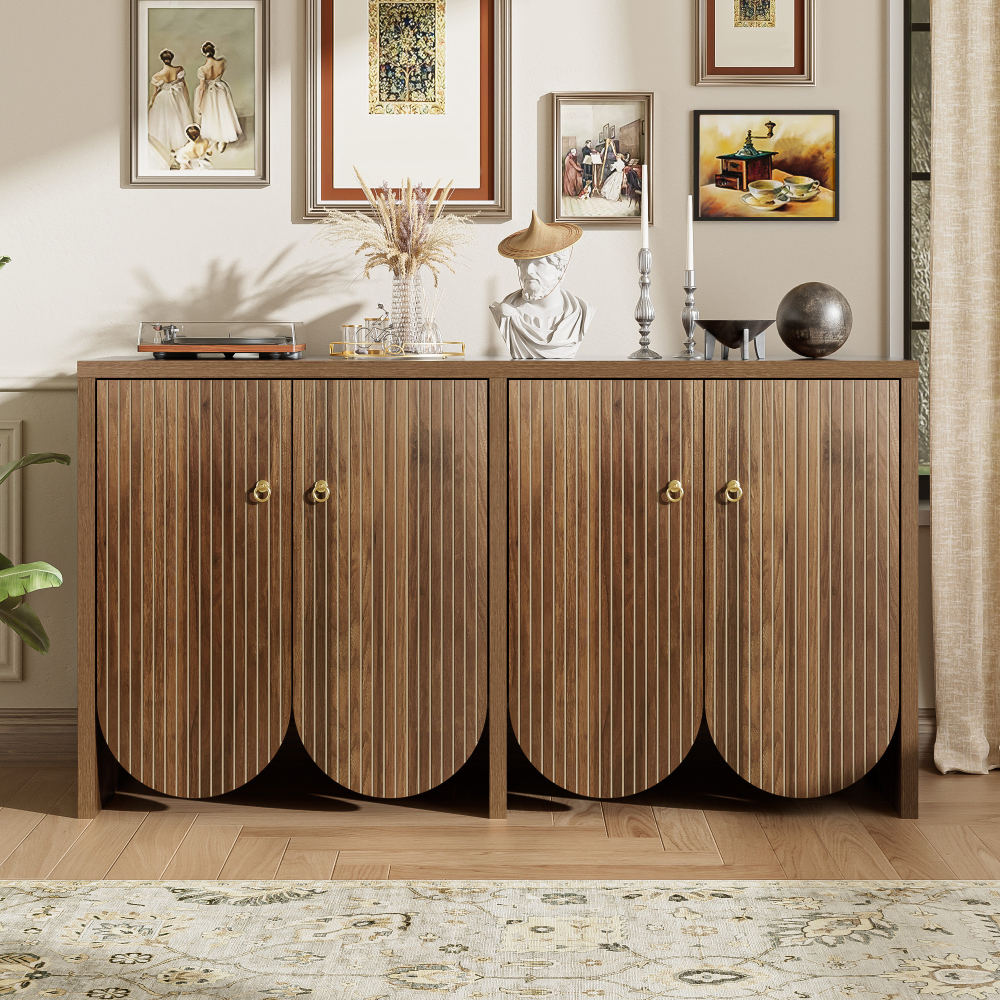 Image of Elegant Sideboard In Walnut Finish – 147×40×80 Cm With , Adjustable Shelves & Aluminum Handles – Versatile Storage Cabinet For Living Room, Dining Room & Hallway