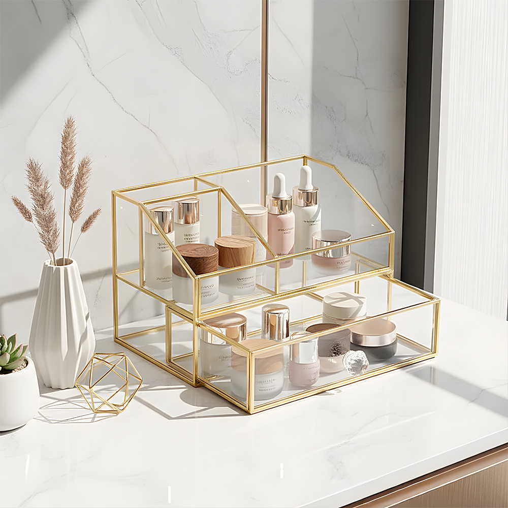 Double Layer Cosmetics Jewelry Box with Earring Organizer