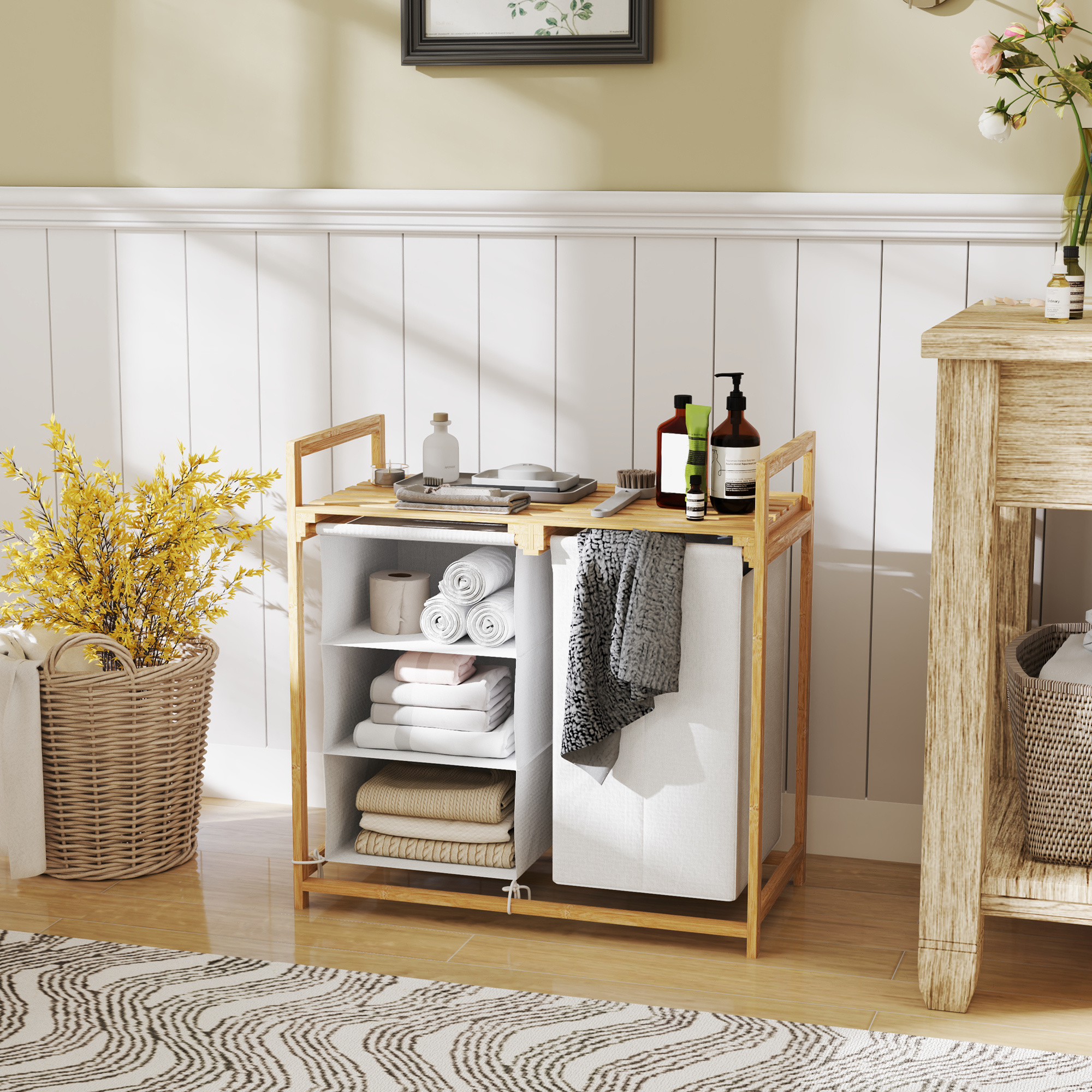 Image of Laundry Basket 4 Compartments Bamboo Laundry Collector 83l With 2 Pull-out And Removable Laundry Bags Made Of Fleece, With Handle Laundry Sorter 70 X 36 X 70 Cm White