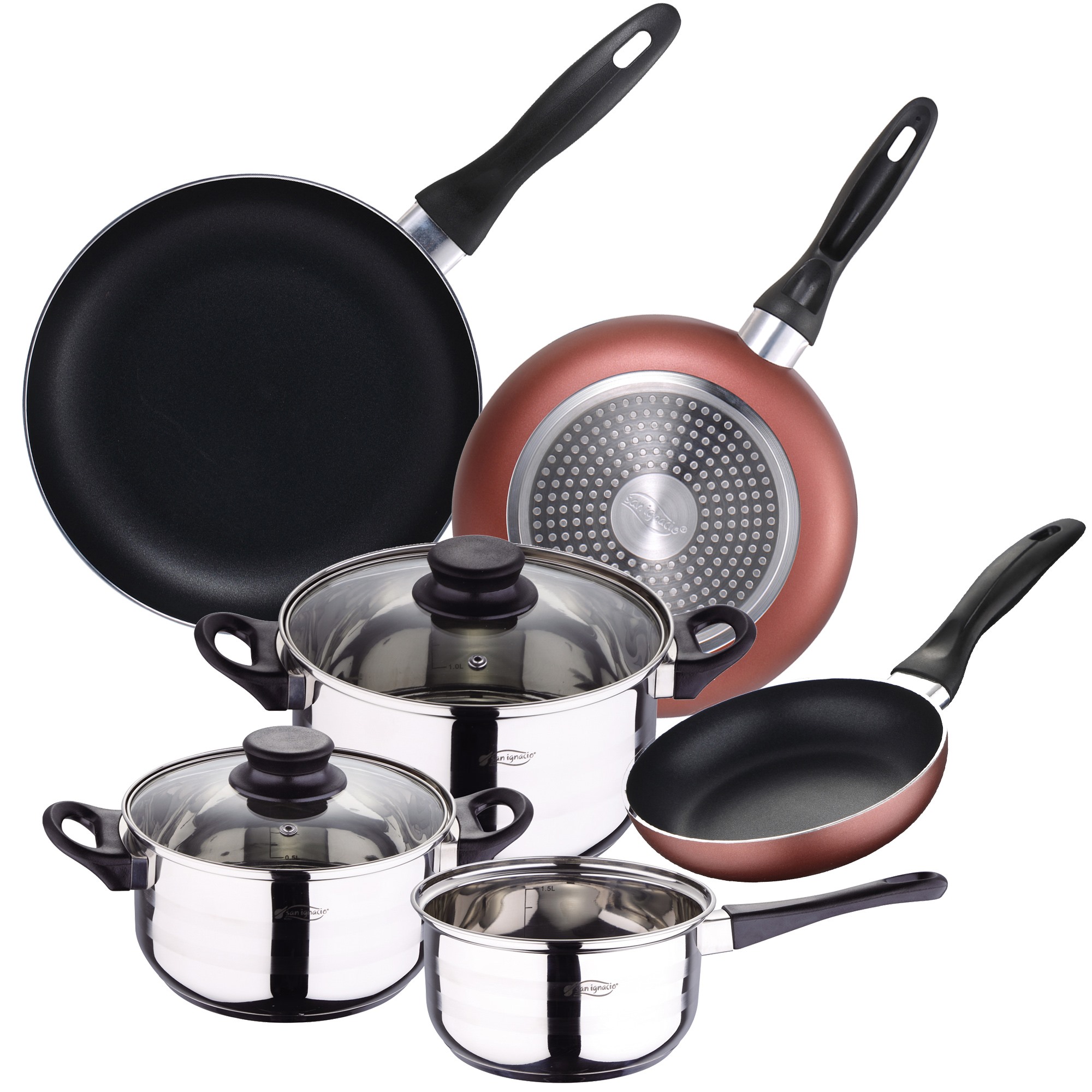 San Set 5pcs Stainless Steel Kitchen Battery + 3 Ø16/20/24 Cm Aluminum Pans, Induction Compatible