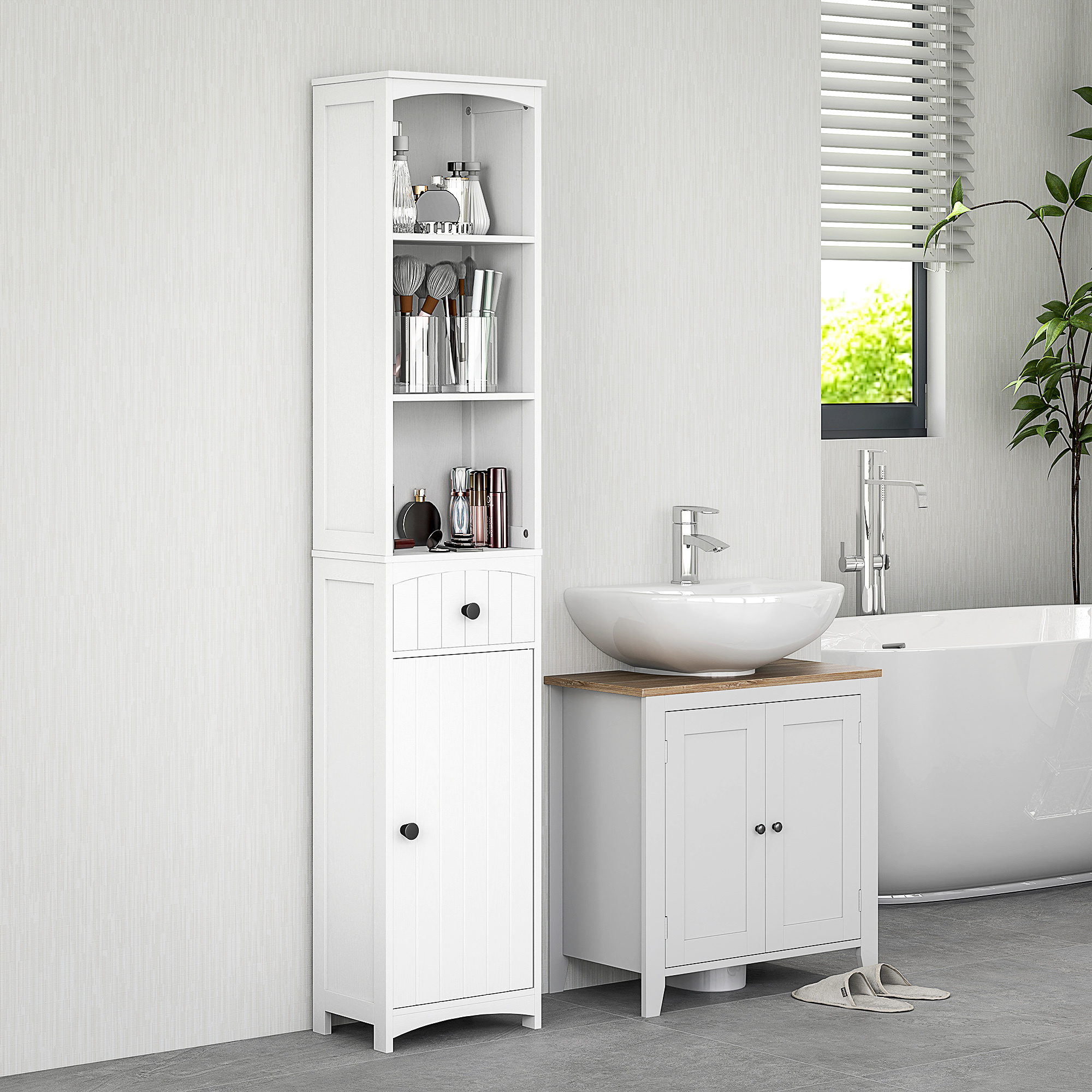 Image of Bathroom Cabinet Tall Cabinet With 3 Shelves, 1 Drawer Bathroom Cabinet Bathroom Shelf Bathroom Cabinet Bathroom Furniture, White, 34x24x170.5cm