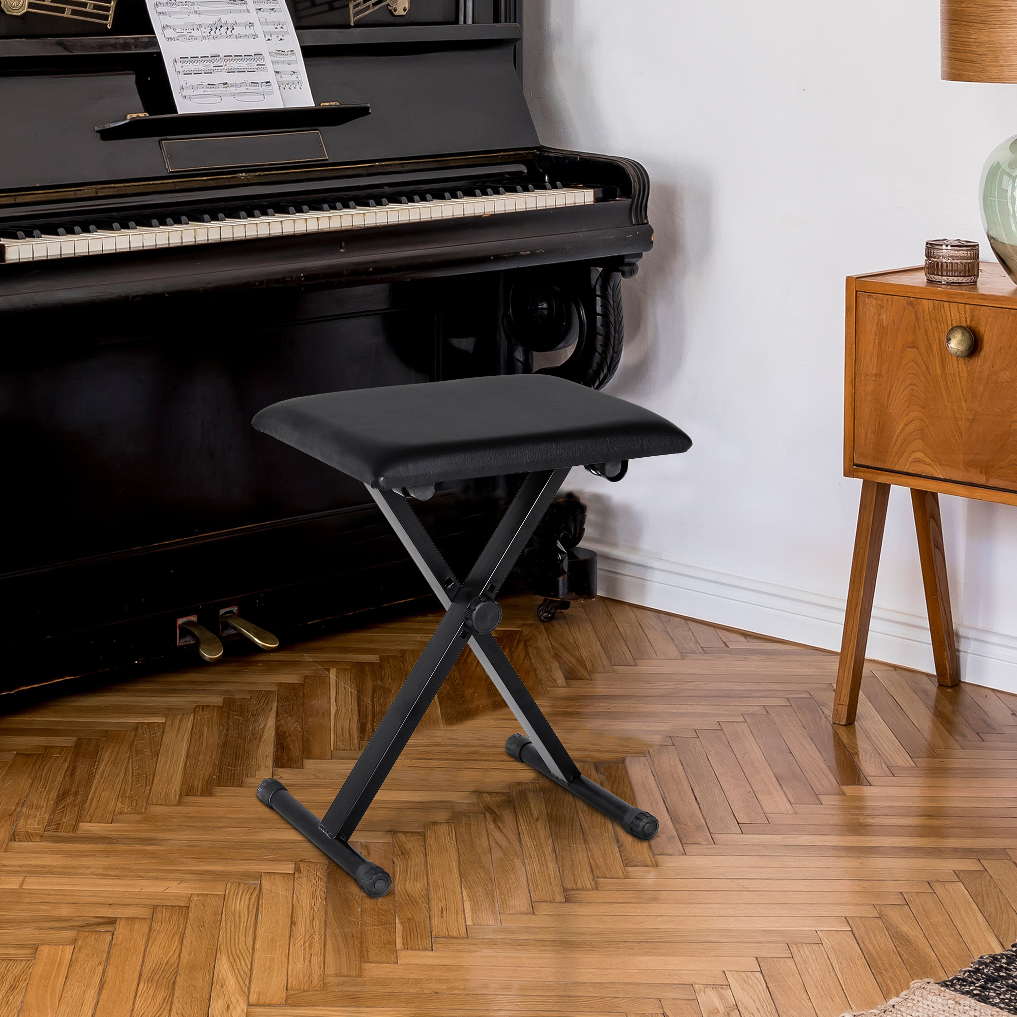 Piano Stool Piano Bench Cosmetic Stool Height Adjustable Foldable Metal Artificial Leather Foam Black 39 X 29 X 37-47 Cm