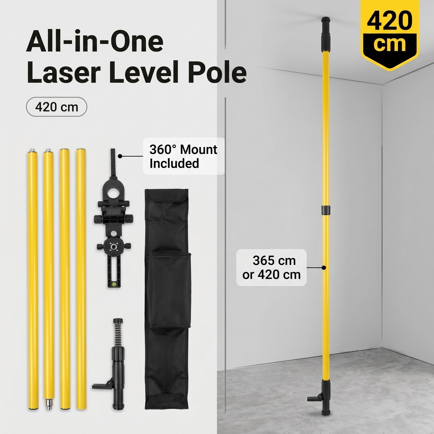 TEMU Telescopic Laser Level Pole 420/365 Cm, Aluminum Alloy Floor To Ceiling Support Stand, 360 Rotating Laser Mount With 5/8in And 1/4in Thread,