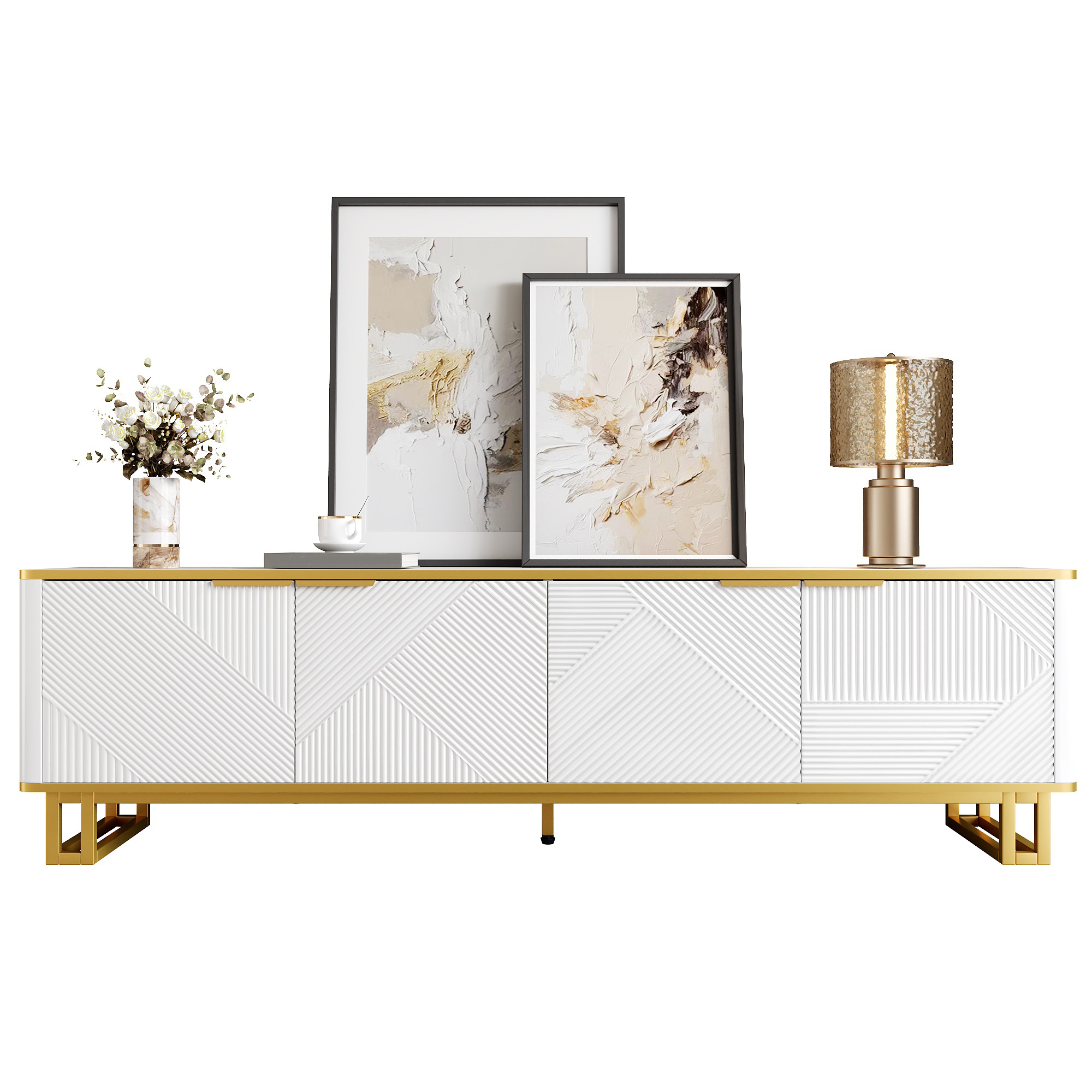 Image of Tv Cabinet With 4 Doors, Tv Stand, Tv Panel, Low Tv Stand. , Geometric Texture. 160 X X 48 Cm (l X W X H)
