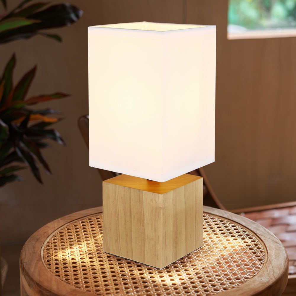 Image of Wooden Table Lamp Nightstand Lamp Table Lamp Living Room Reading Lamp Textile White, Angular, 1x E27, Lxbxh 12x12x30 Cm