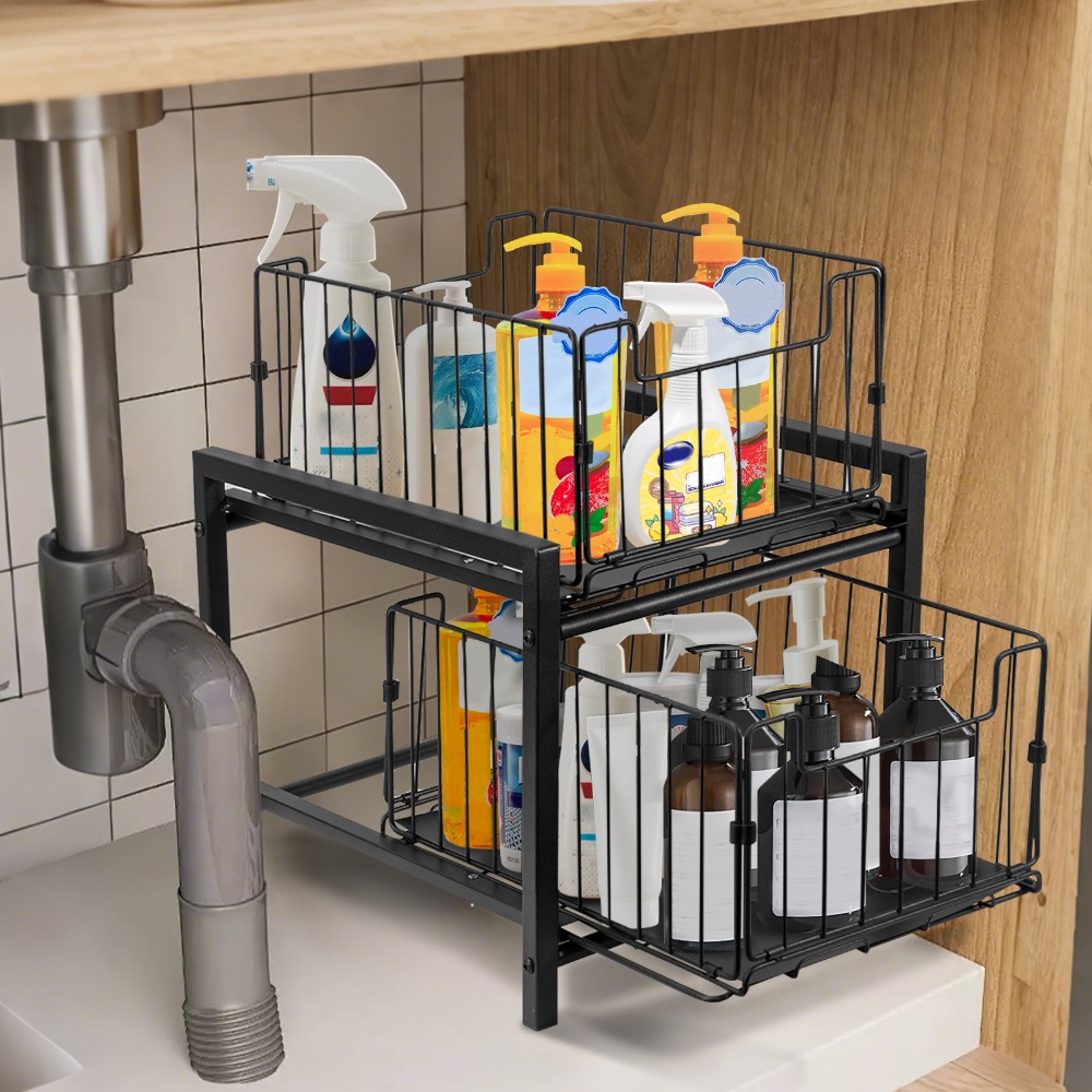TEMU 2-tier Sliding Under Sink Organizer With Hooks, Plastic Cabinet Basket Storage Drawers For Bathroom Kitchen, Space Saver , Under Sink Organizers