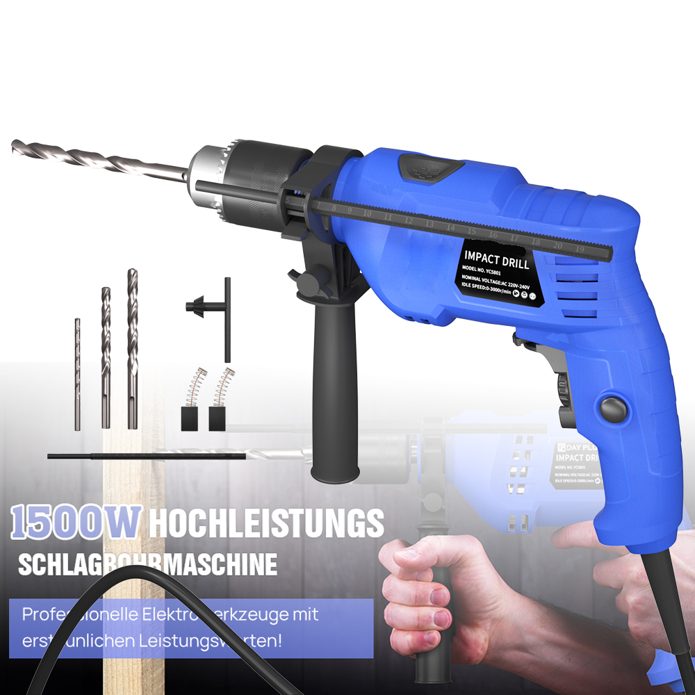Hammer Drill Percussion Drill Machine Set, Percussion Drill With 13 Mm Drill , Depth Stop And Handle - Corded