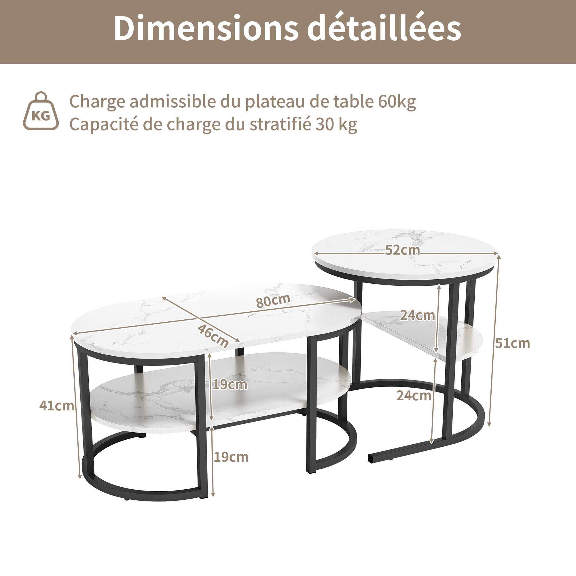TEMU Luminarix Set Of 2 Round And Oval Coffee Tables With Storage Space, High-quality Wood Top, Metal Frame, Living Room Table, Coffee Table, White