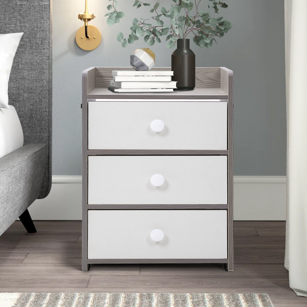 TEMU Small Bedside Table, Grey&white Bed Side Sofa End Table For Bedroom, Wooden Bedside Cabinet With 3 Drawers, Handle & Open Compartment, Mini End