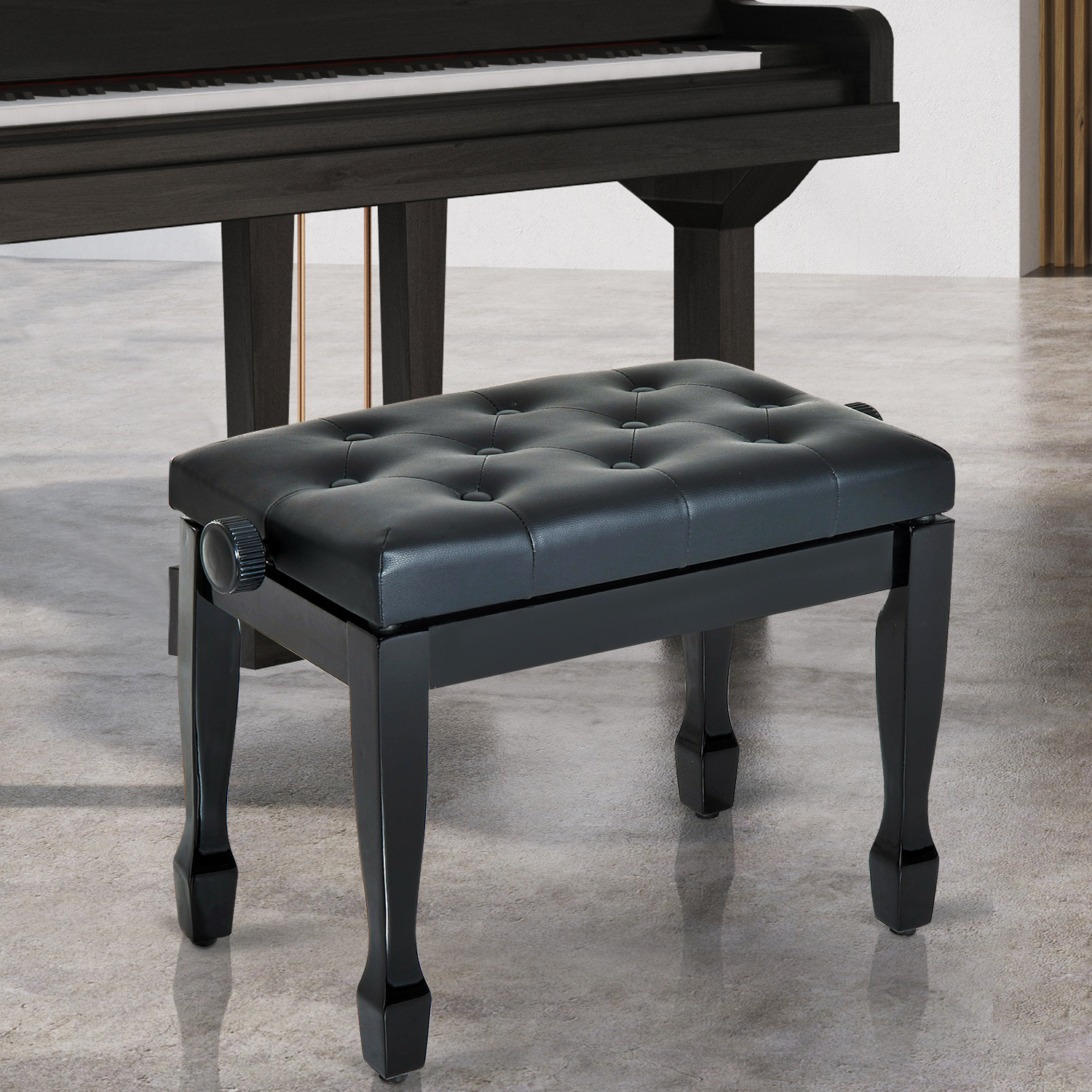 Homcom Piano Stool Piano Bench Cosmetic Stool Height Adjustable Stool Practicing Musical Instruments Solid Wood Leather Black 64 X 35 X 45-55 Cm