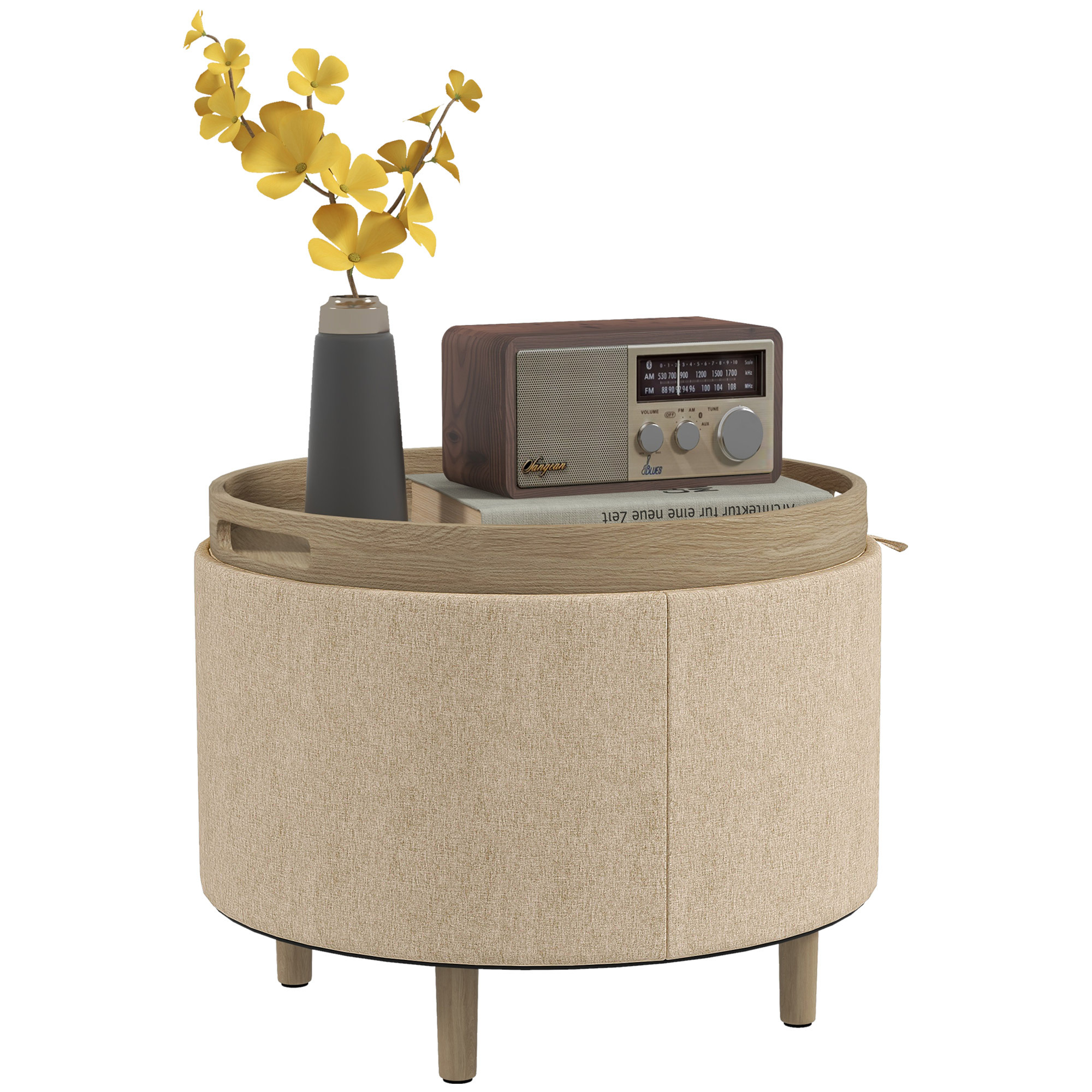 TEMU HOMCOM Taburete con de almacenamiento, bandeja reversible, mueble 3-en-1, tapicería de lino, pata de madera , beige