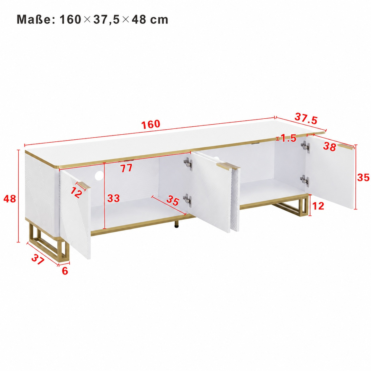 White- Cabinet With Three-dimensional Geometric Relief On Doors, Stable , High-quality Plates, Rear Cable , Storage Space For Living Room Books And Technology Storage.