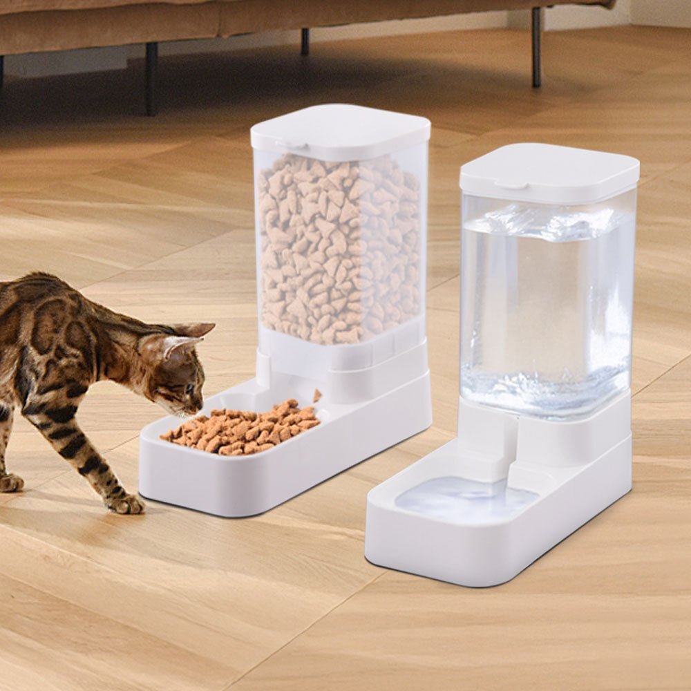 Pet Feeding Dispenser Set with Pet Water and Food Dispenser Transparent Dog Food Bowl Cat Feeding Station Large Capacity 3.8L Feeder for Dog Cat Puppy Kitten 28.5x29x13.5cm