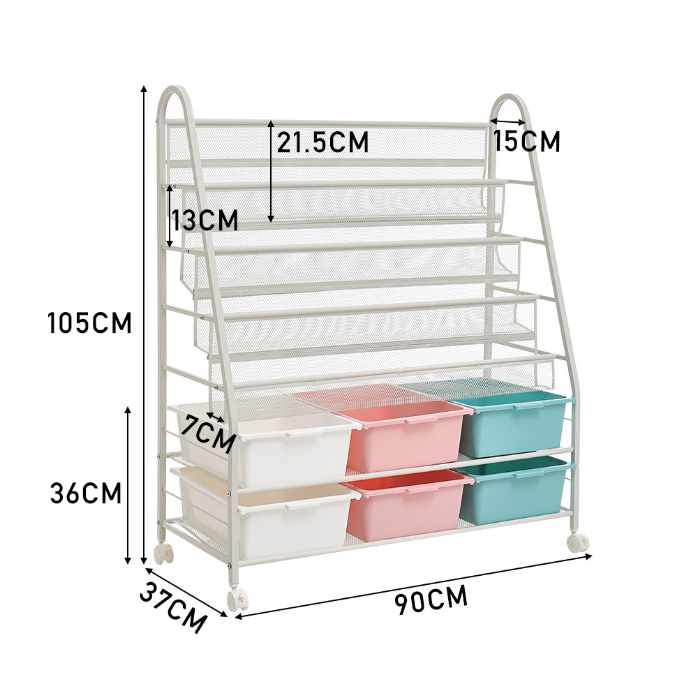 6-Tier Mobile Bookshelf with Wheels and 6 Storage Boxes