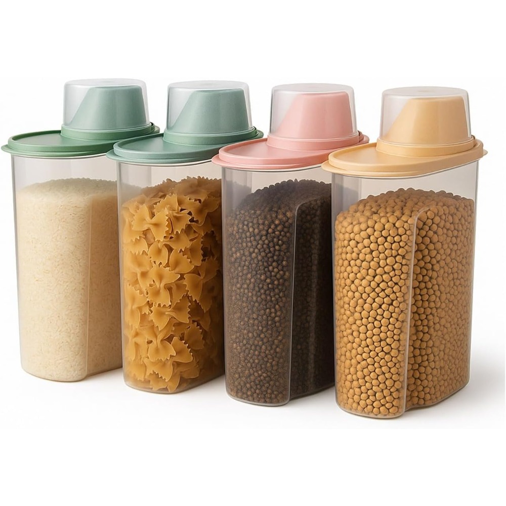 Image of 4pcs Set Of Plastic Grain Storage Containers, Airtight Design For Food Storage. Each Container Holds 2.5/1.9 L, Ideal For , Snacks, Sugar.