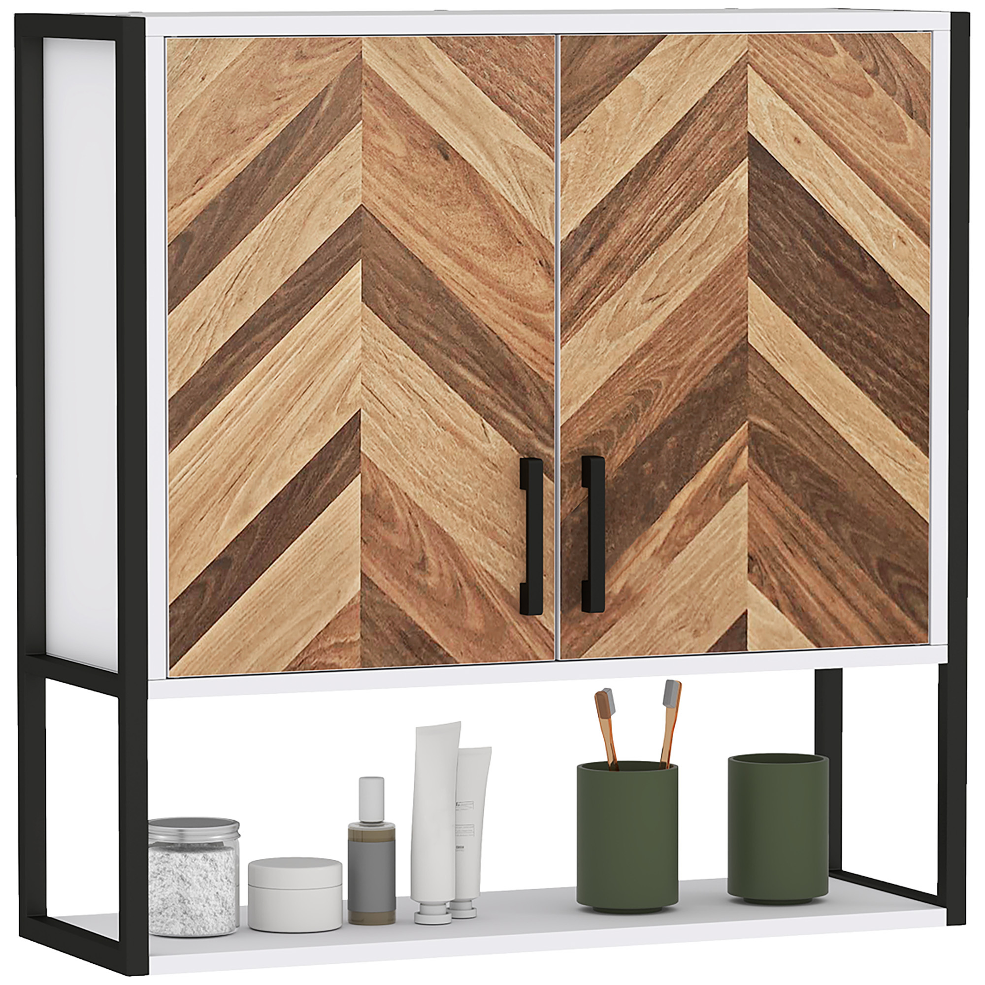 Wall-mounted Bathroom Cabinet, Hanging Bathroom Storage Cabinet With 2 Doors, Adjustable Shelf, And Open Shelf, 59x20x60 Cm, Multicolor
