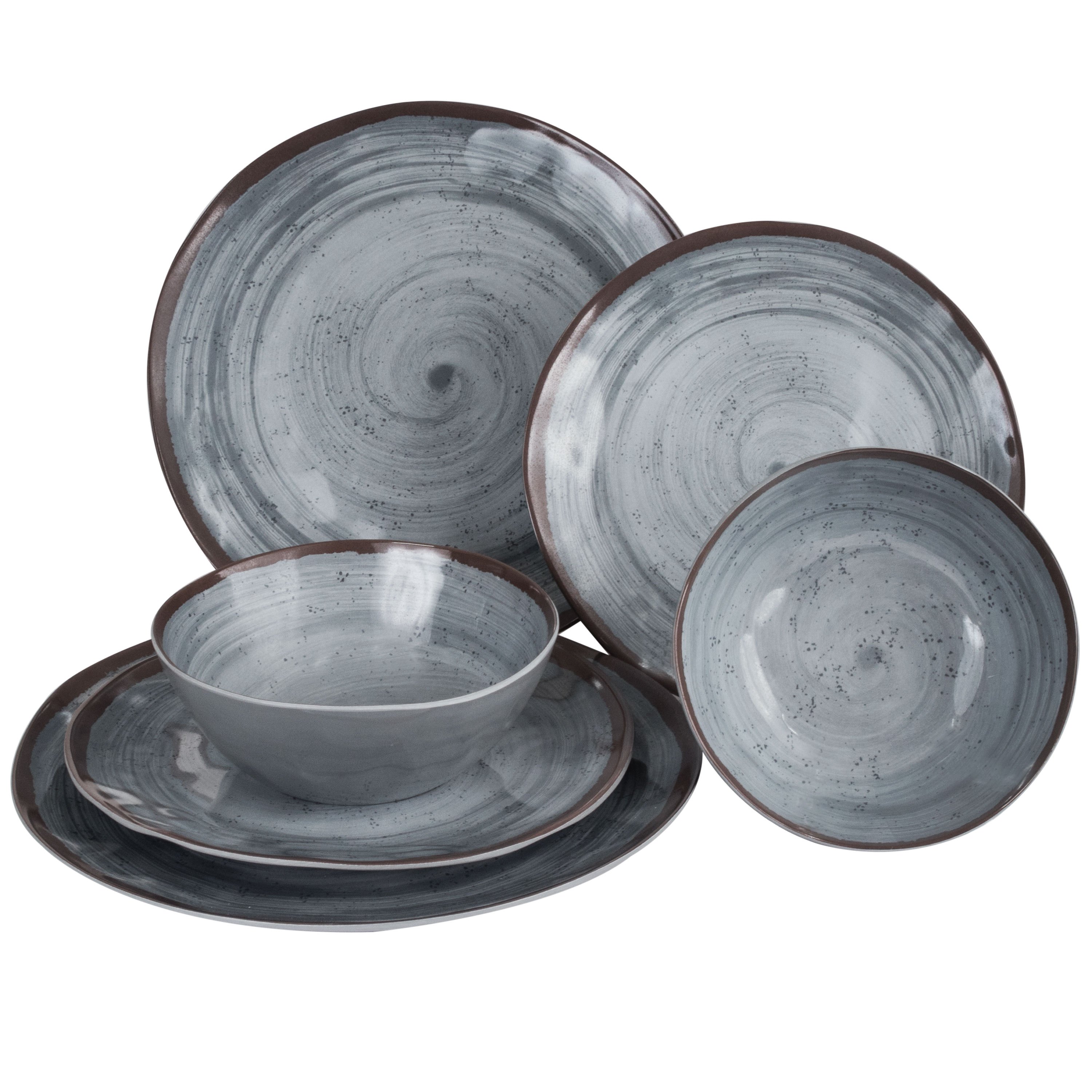 Melamine Dinnerware Set For 2 People, Stoneware Look, Gray, 6 Pieces - With Plates And Bowls - Camping Tableware
