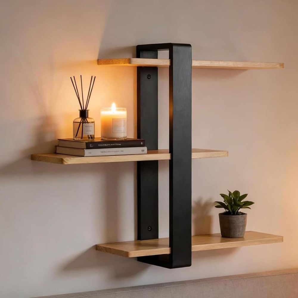 Rustic Wood Floating Wall Shelves Set Vintage Hanging Rack For Living Room, Kitchen & Office Decor