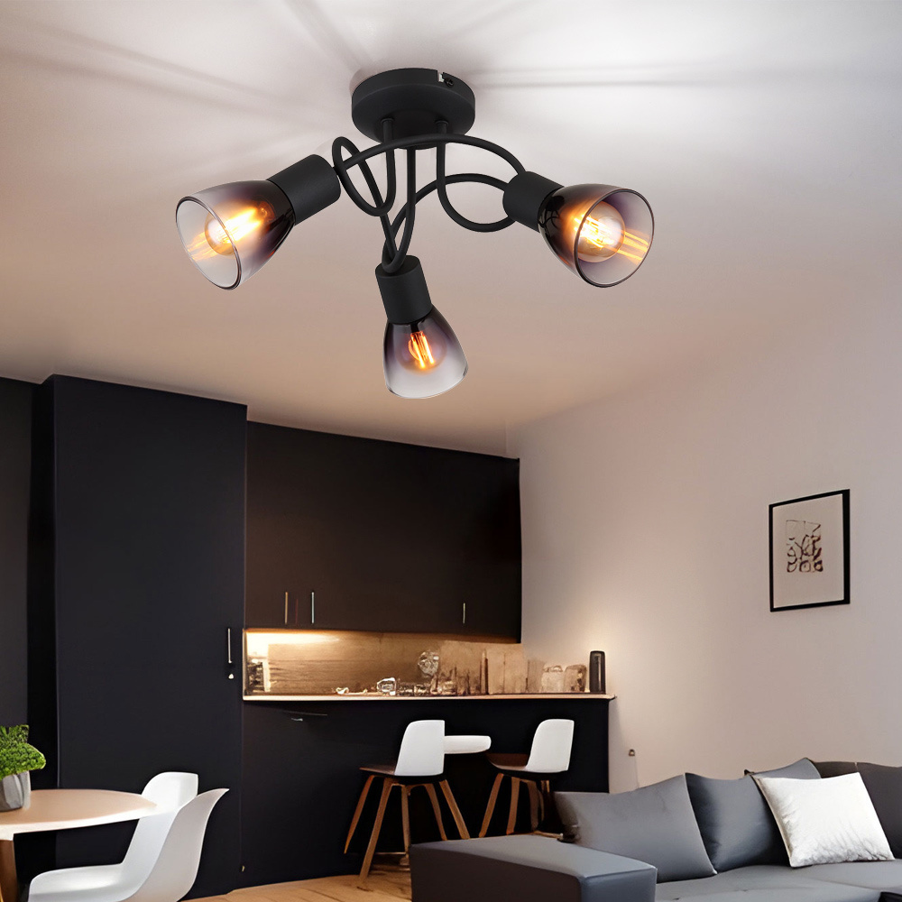 Image of Ceiling Light Ceiling Lamp Living Room Light Dining Room Lamp Bedroom Light, Metal Glass Smoke-colored, 3-flame E14, D 38 Cm
