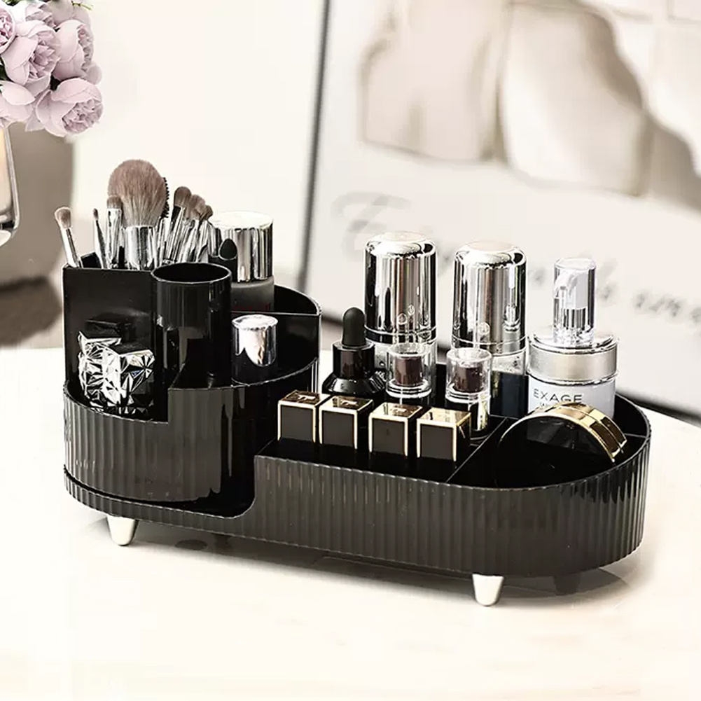 TEMU Black Rotating Makeup Organizer Multi Functional Brush Holder Vanity Table Desktop Storage Rack Large Capacity Cosmetic Brush Lipstick Eyeshadow