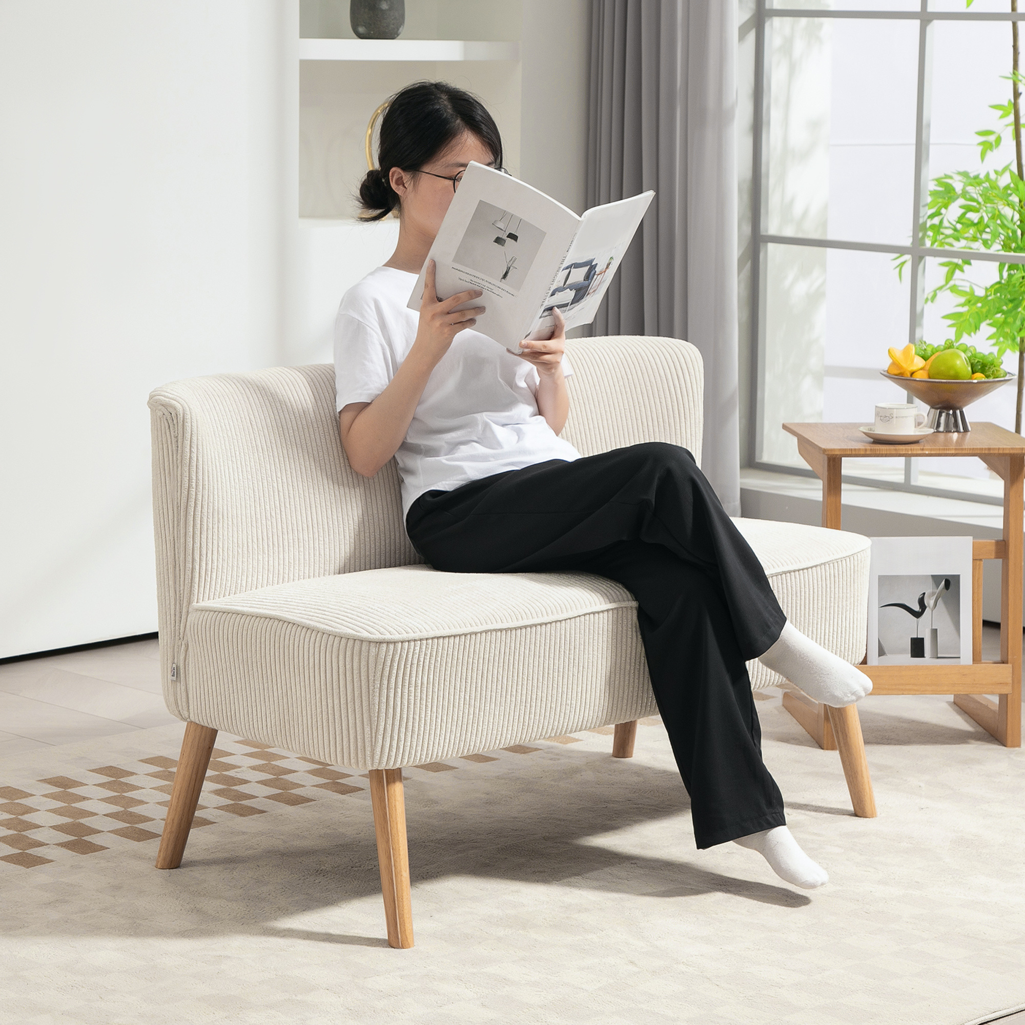 2-seater Sofa, Small Loveseat With Corduroy Look, Modern Upholstered Sofa For Living Room, Bedroom, Small Space, Cream White 117 X 56.5 X 77 Cm