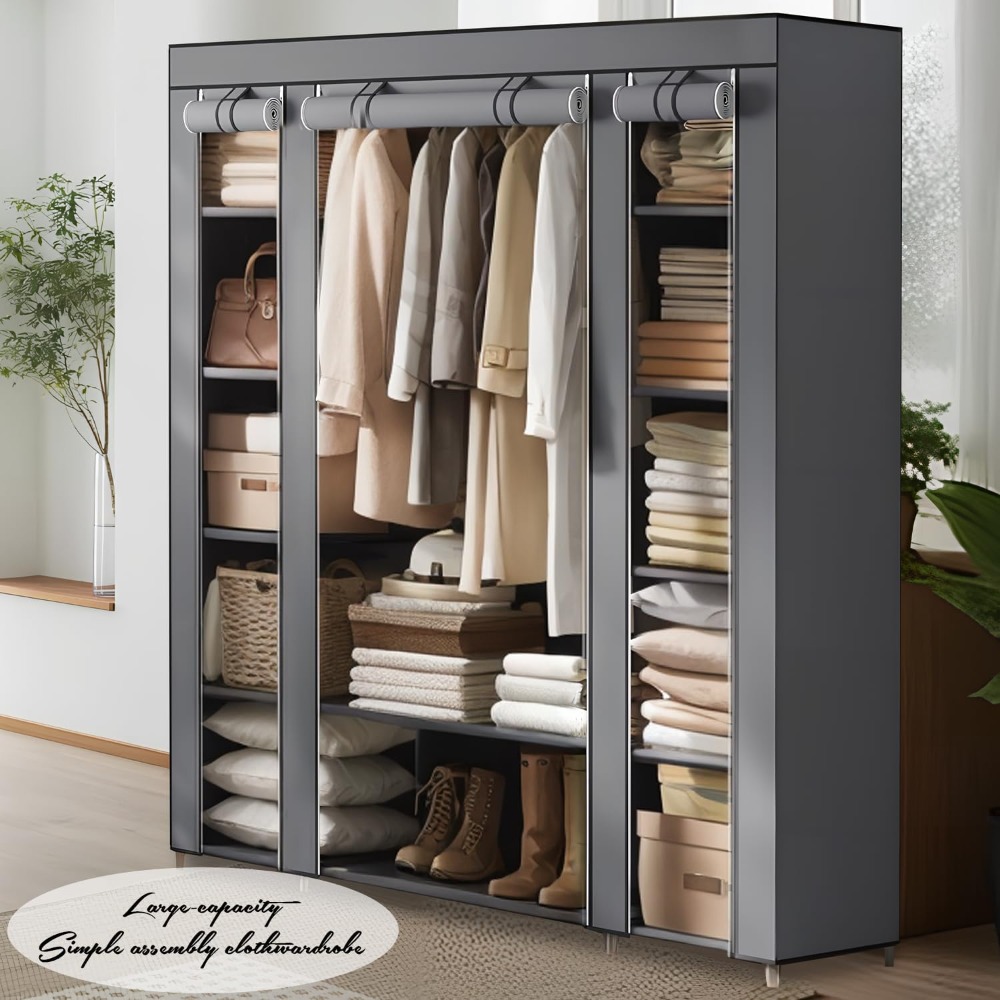 Portable Wardrobe for Bedroom,Fabric Wardrobe, Clothes Rail with Non-Woven Fabric Cover, Clothes Storage Organiser, 45 x 130 x 175 cm, 12 Compartments, Metal Frame