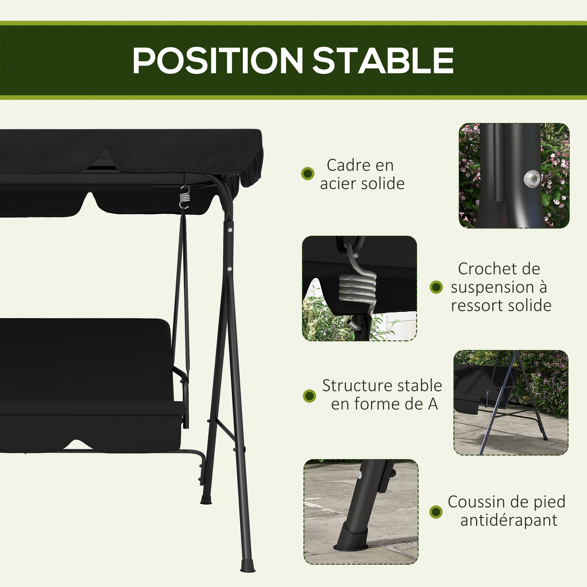 Balancier de jardin Outsunny 3 sièges, siège et dossier réglables, coussins 1,72L x 1,1L x 1,53H m noir acier noir polyester